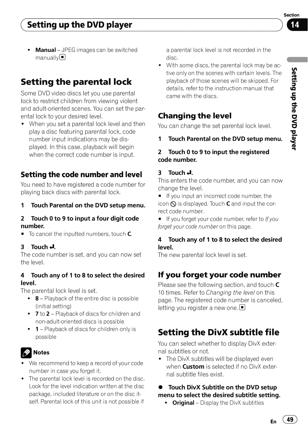 Pioneer AVH-P3100DVD manual Setting the parental lock, Setting the DivX subtitle file, Setting the code number and level 