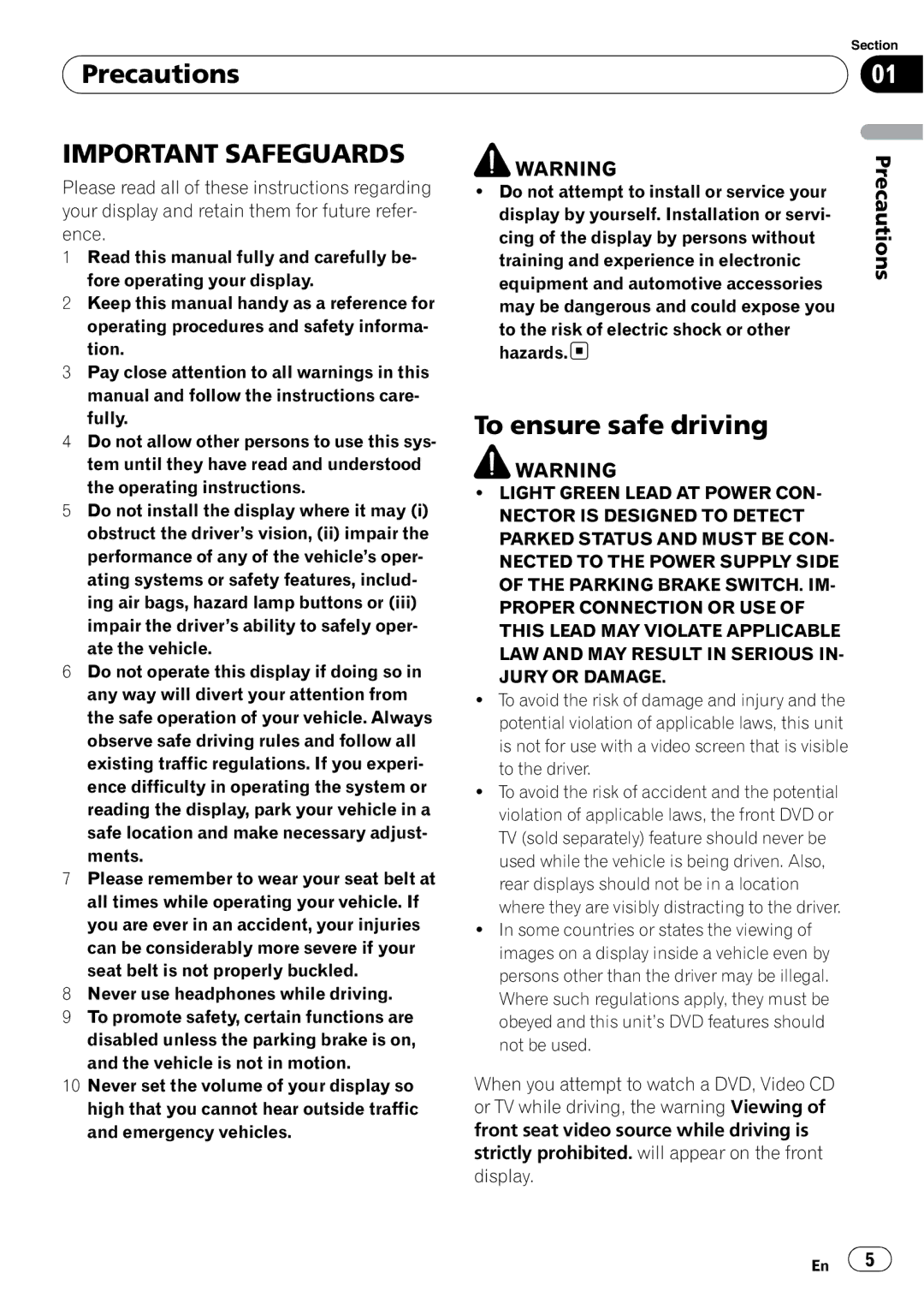 Pioneer AVH-P3100DVD manual Precautions, To ensure safe driving 