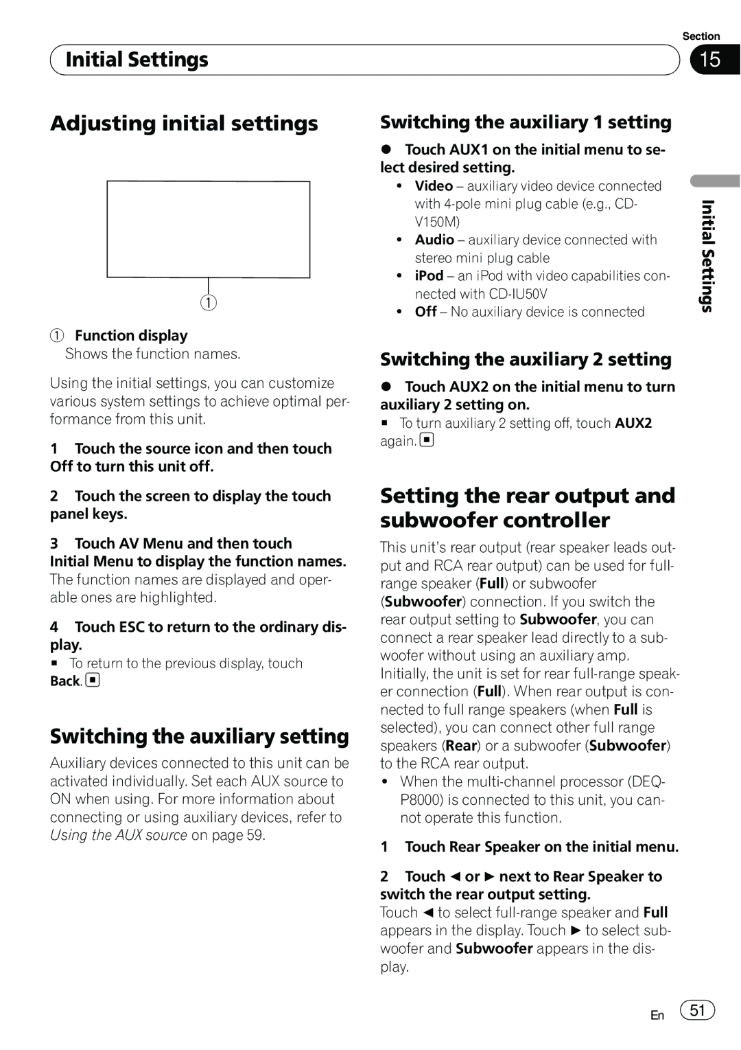 Pioneer AVH-P3100DVD manual Initial Settings Adjusting initial settings, Switching the auxiliary setting 