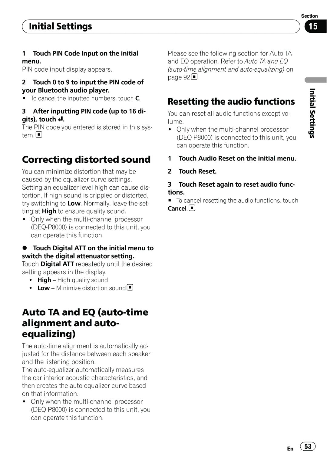 Pioneer AVH-P3100DVD manual Resetting the audio functions, Correcting distorted sound 