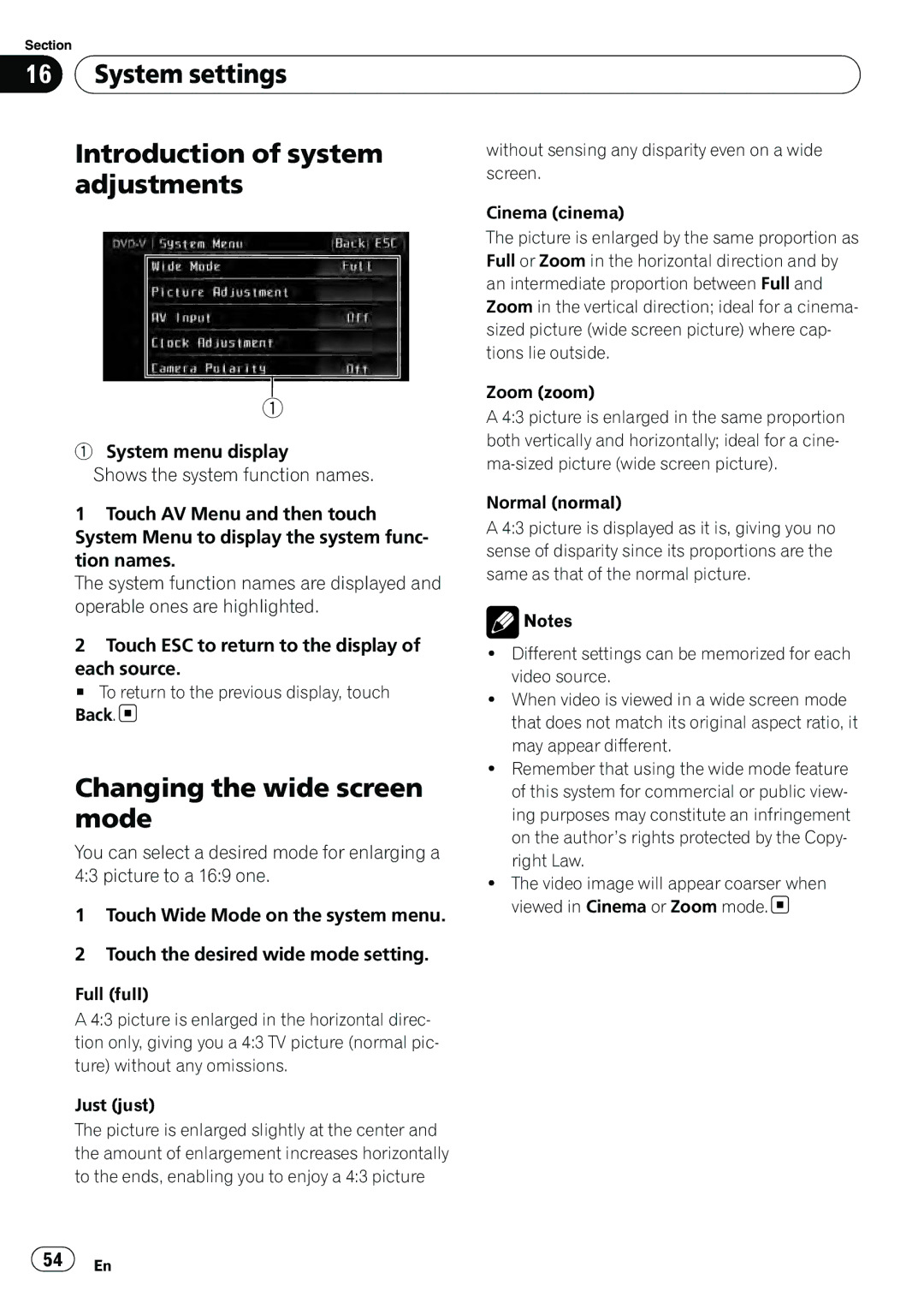 Pioneer AVH-P3100DVD manual System settings Introduction of system, Changing the wide screen mode 