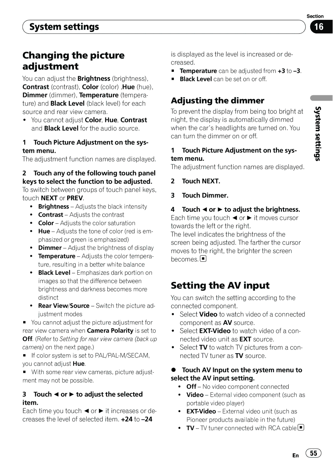 Pioneer AVH-P3100DVD manual System settings Changing the picture adjustment, Setting the AV input, Adjusting the dimmer 