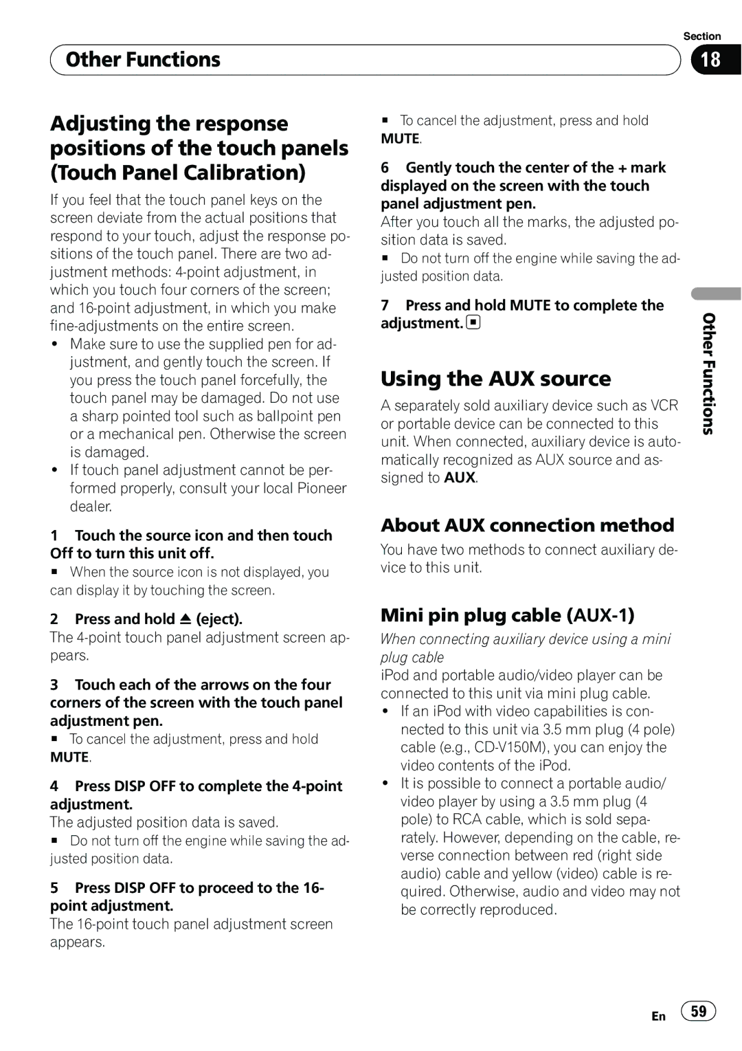 Pioneer AVH-P3100DVD manual Using the AUX source, About AUX connection method, Mini pin plug cable AUX-1 