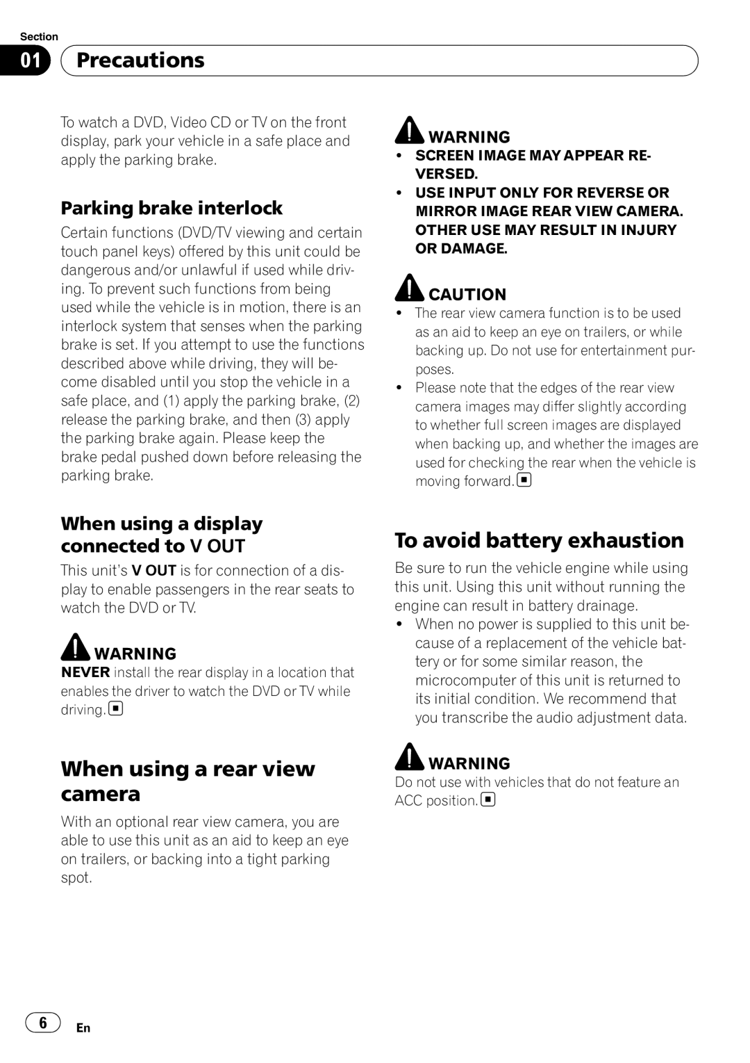 Pioneer AVH-P3100DVD manual When using a rear view camera, To avoid battery exhaustion, Parking brake interlock 