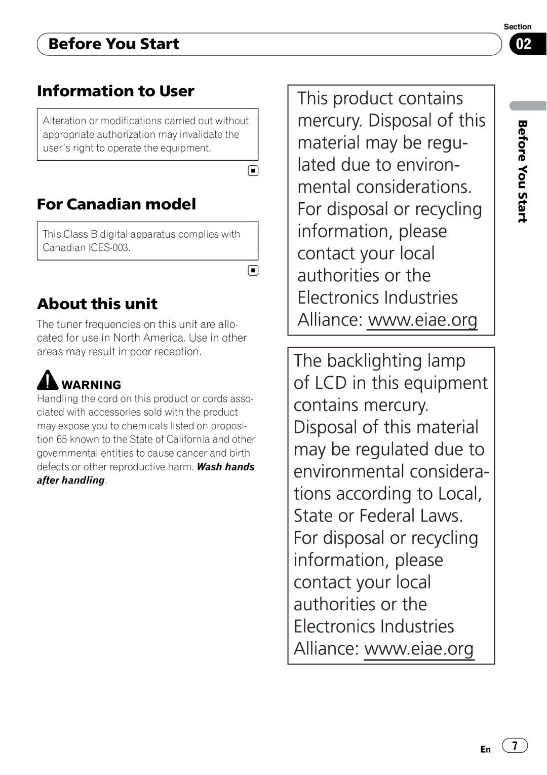 Pioneer AVH-P3100DVD manual Before You Start Information to User, For Canadian model, About this unit 