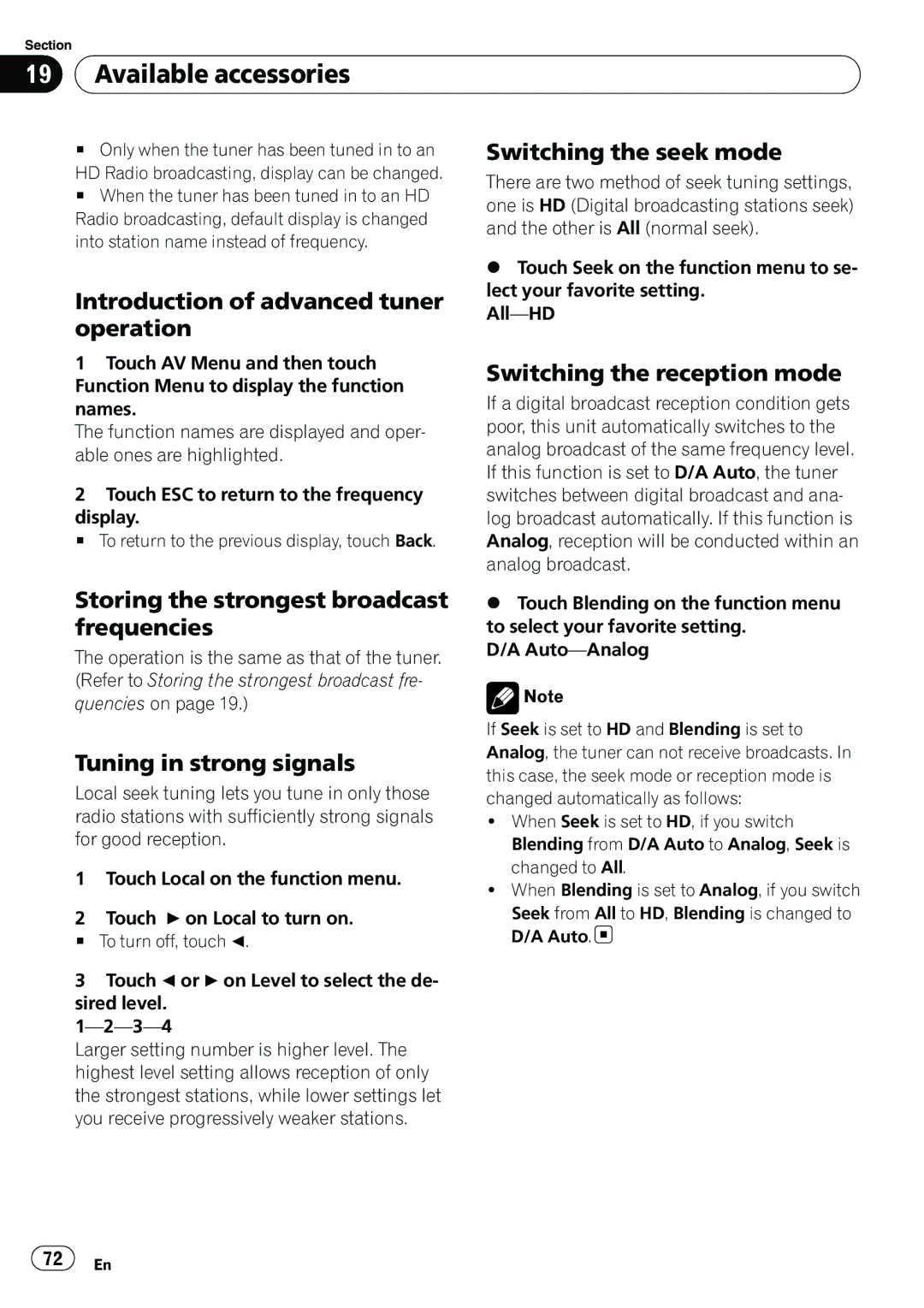 Pioneer AVH-P3100DVD manual Introduction of advanced tuner operation, Switching the seek mode, Switching the reception mode 