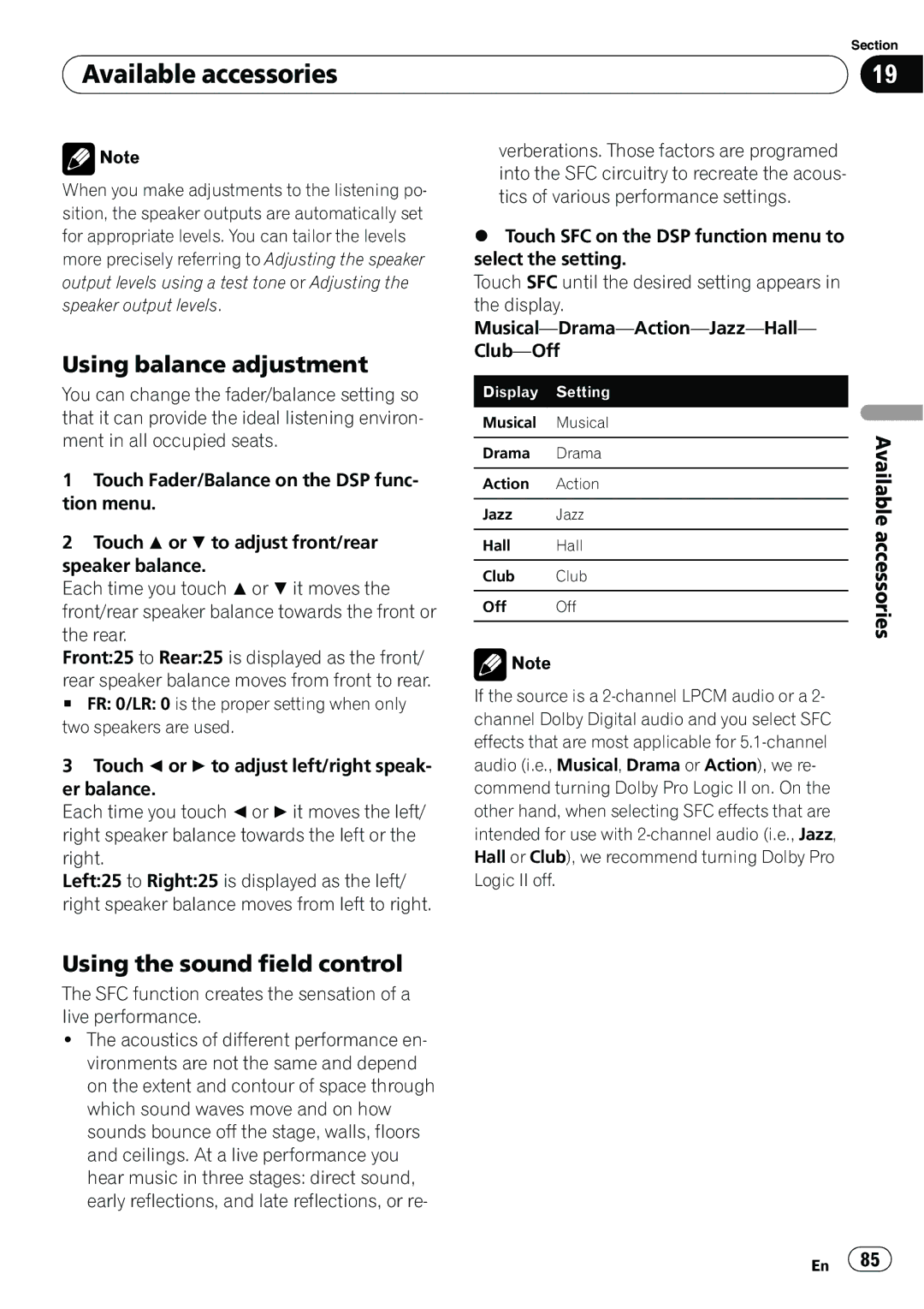 Pioneer AVH-P3100DVD manual Using balance adjustment, Using the sound field control 