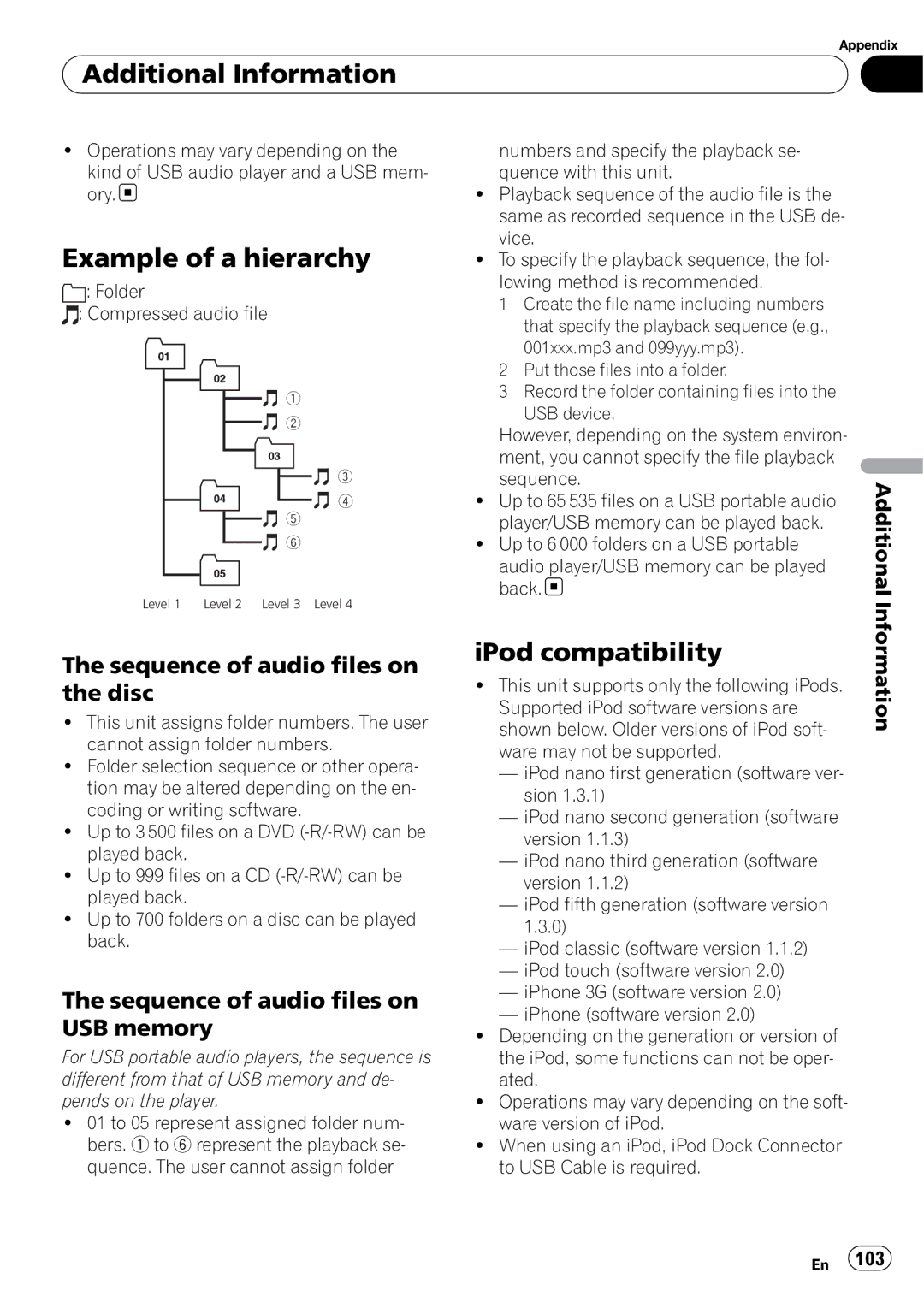 Pioneer AVH-P3100DVD operation manual Example of a hierarchy, IPod compatibility, Sequence of audio files on the disc 