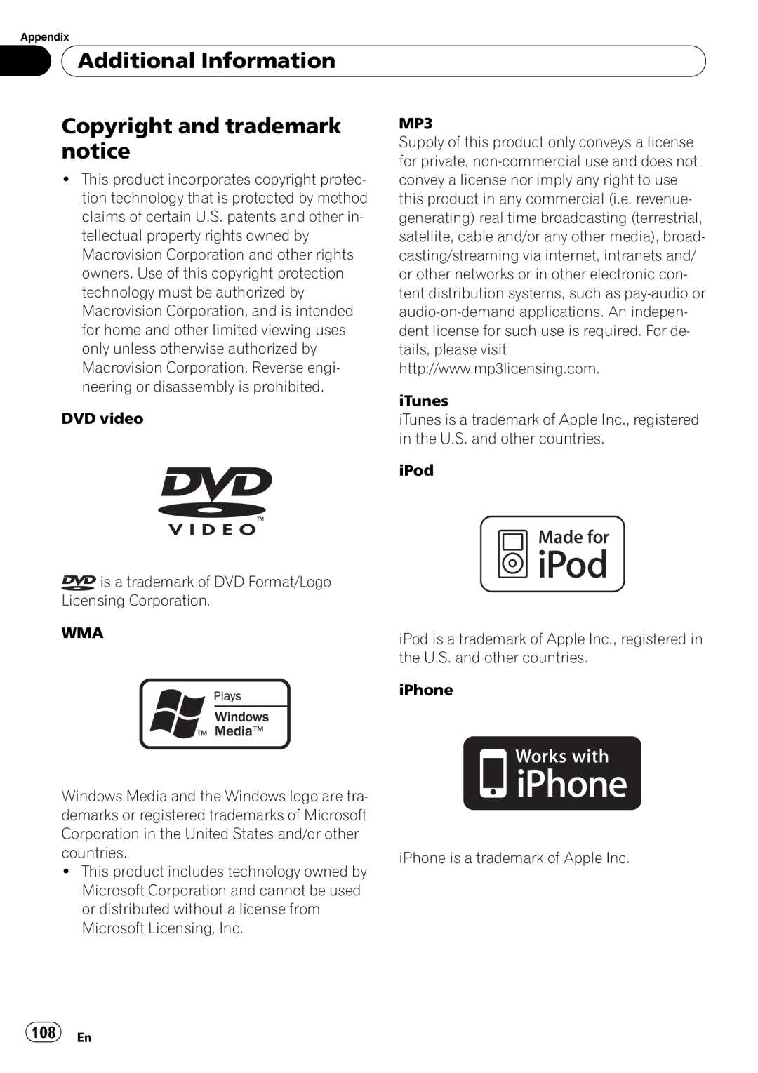 Pioneer AVH-P3100DVD operation manual Additional Information Copyright and trademark, 108 En 