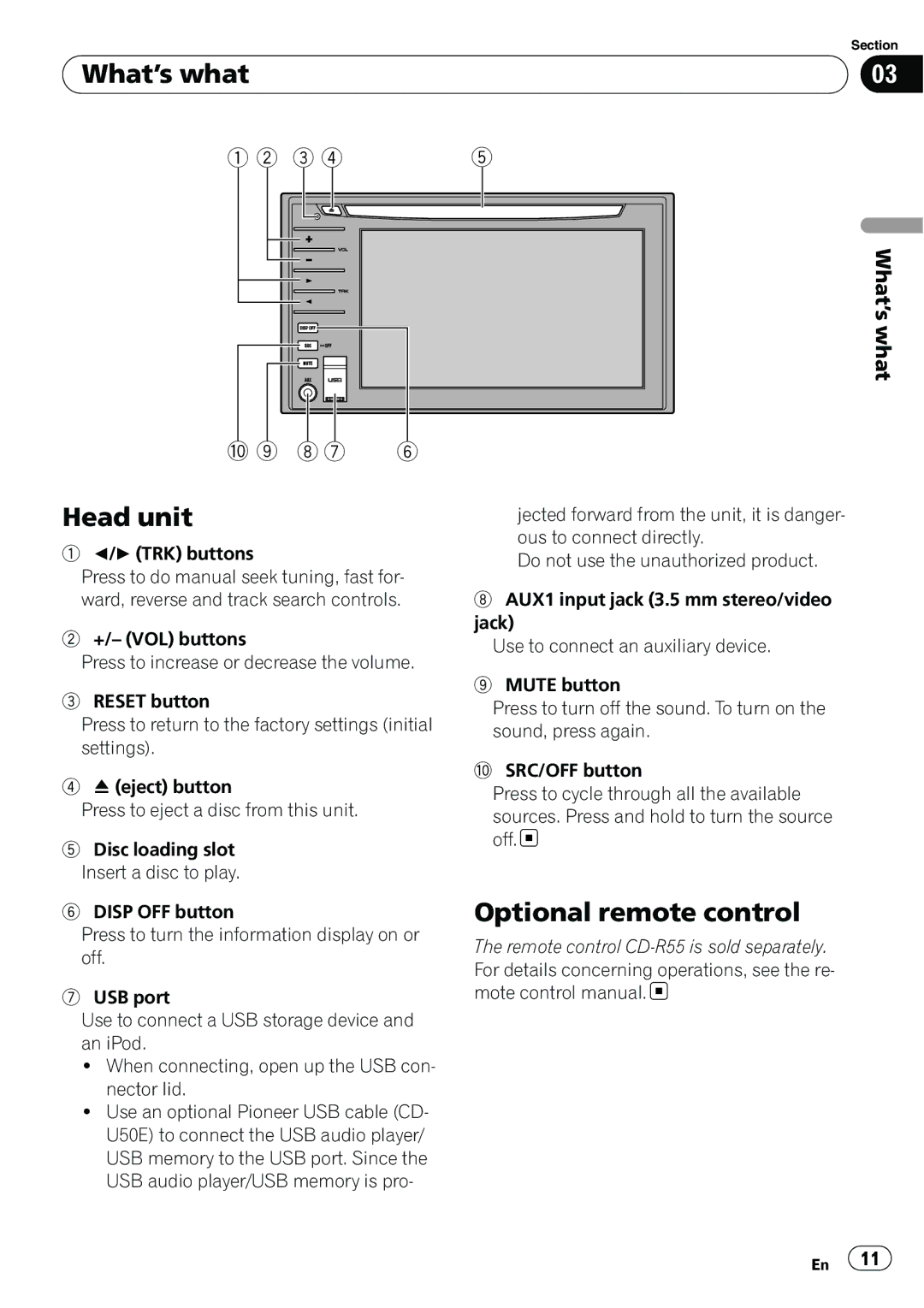 Pioneer AVH-P3100DVD operation manual What’s what, Head unit, Optional remote control 