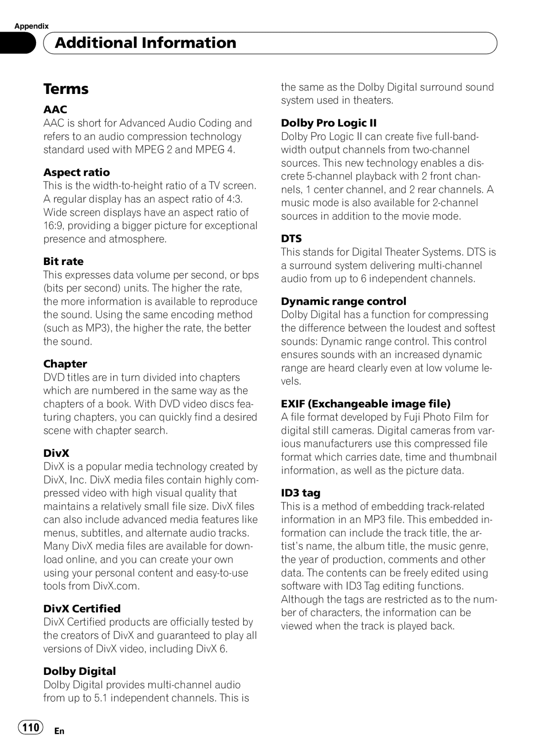 Pioneer AVH-P3100DVD operation manual Additional Information Terms, 110 En, Same as the Dolby Digital surround sound 