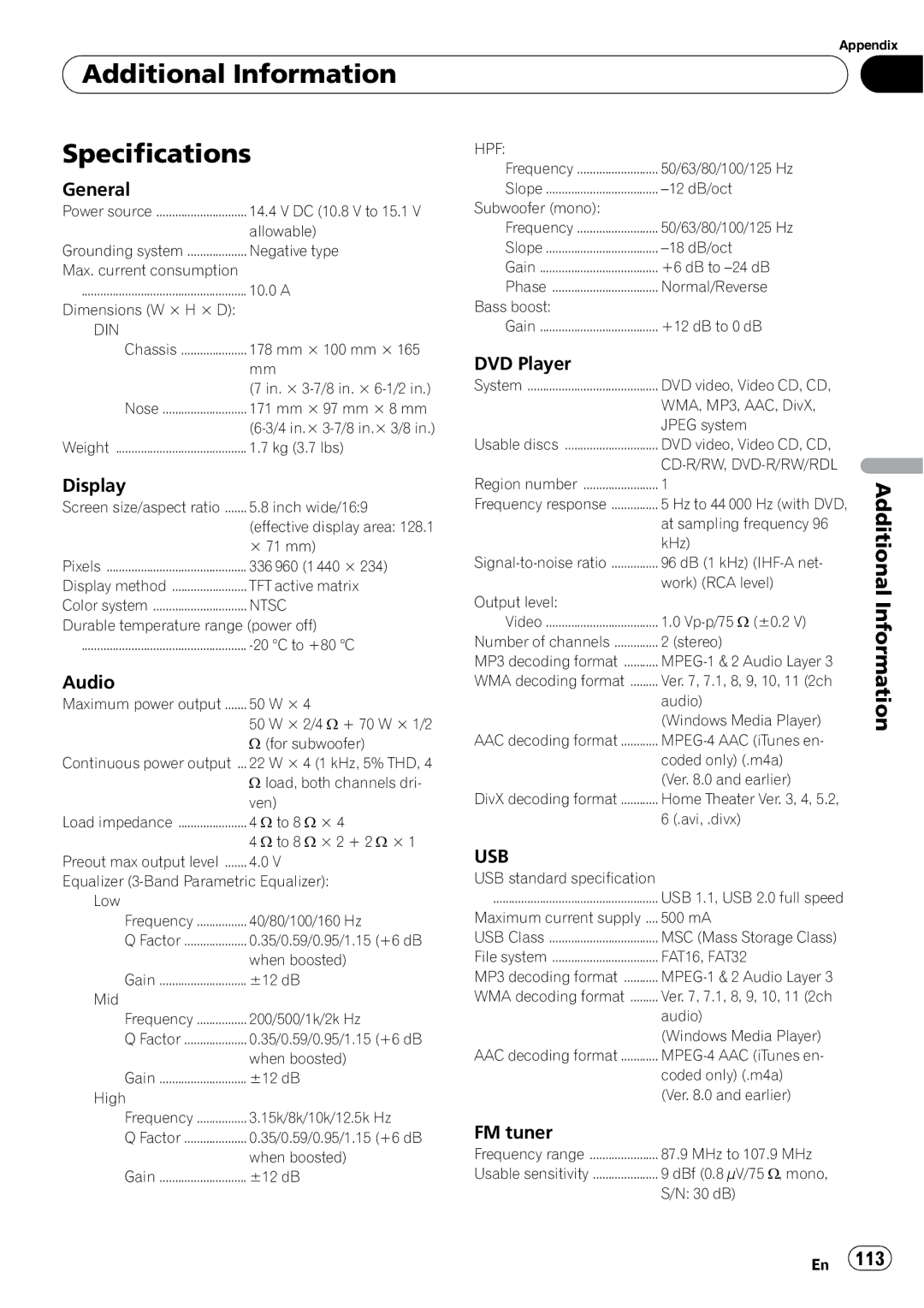 Pioneer AVH-P3100DVD operation manual Additional Information Specifications, General, Audio, DVD Player, FM tuner 