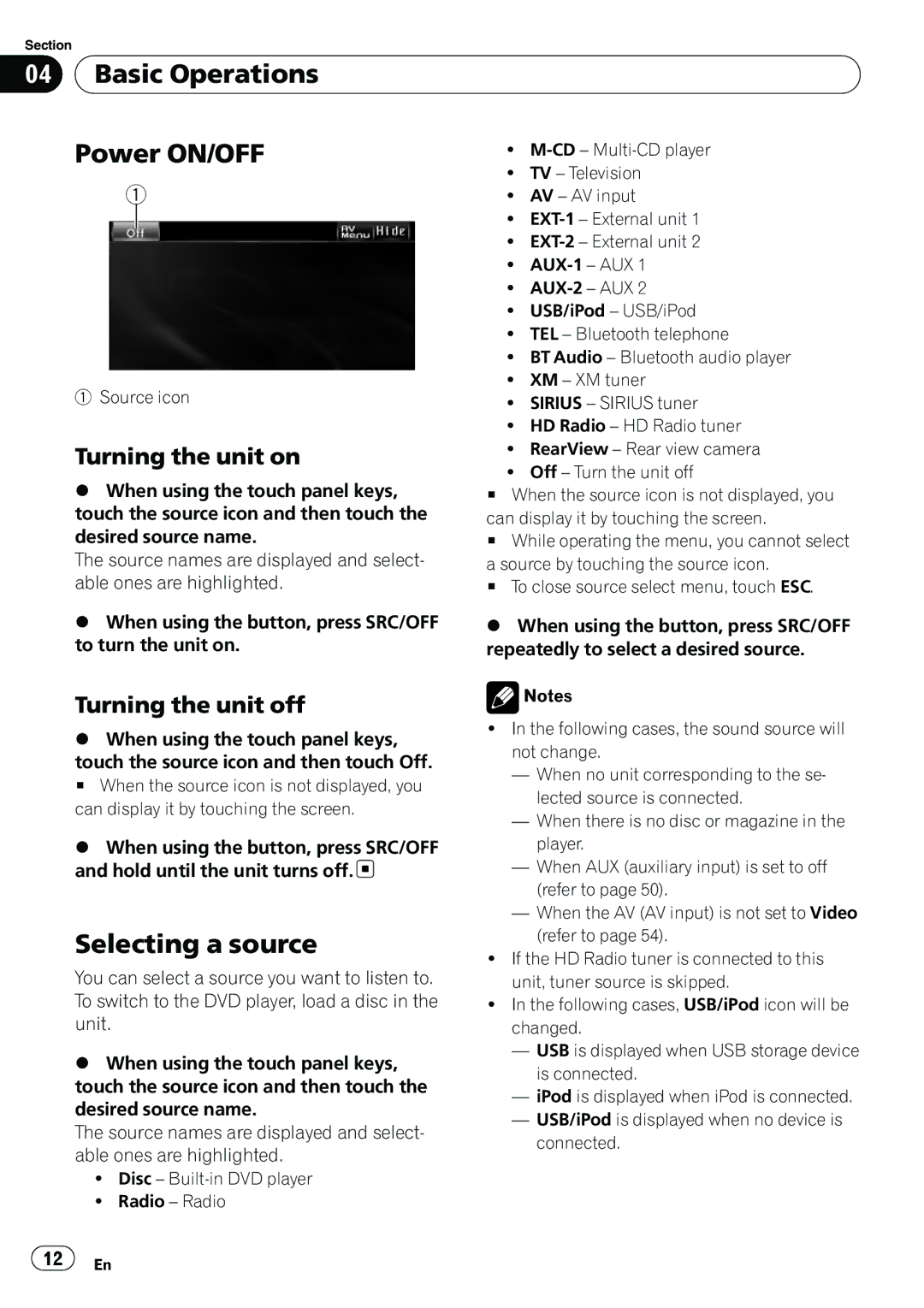 Pioneer AVH-P3100DVD Basic Operations Power ON/OFF, Selecting a source, Turning the unit on, Turning the unit off 