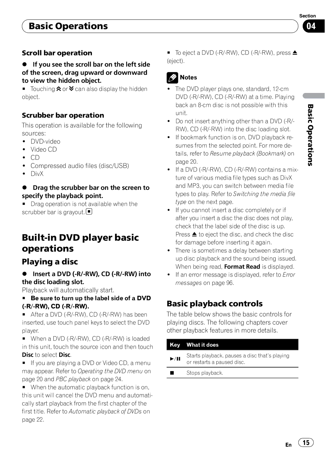 Pioneer AVH-P3100DVD Built-in DVD player basic operations, Playing a disc, Basic playback controls, Scroll bar operation 