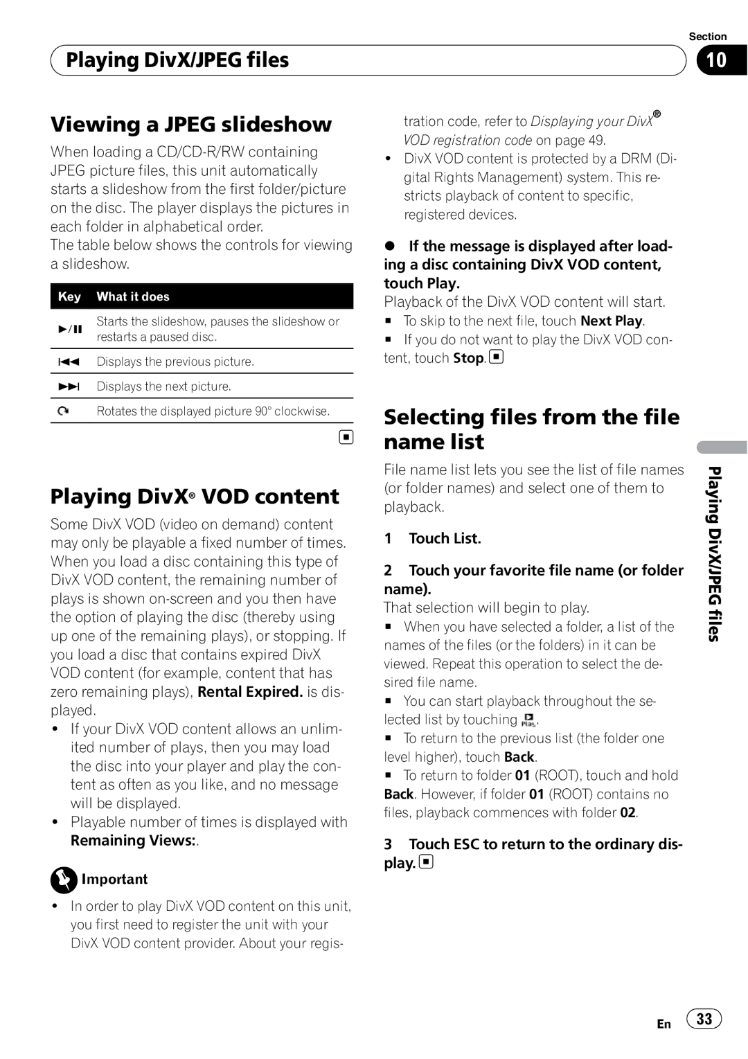 Pioneer AVH-P3100DVD operation manual Playing DivX/JPEG files Viewing a Jpeg slideshow, Playing DivX VOD content 