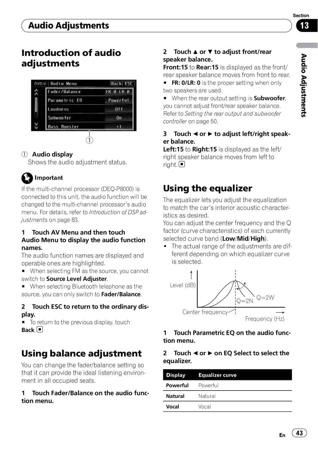 Pioneer AVH-P3100DVD Audio Adjustments Introduction of audio, Using the equalizer, Using balance adjustment 