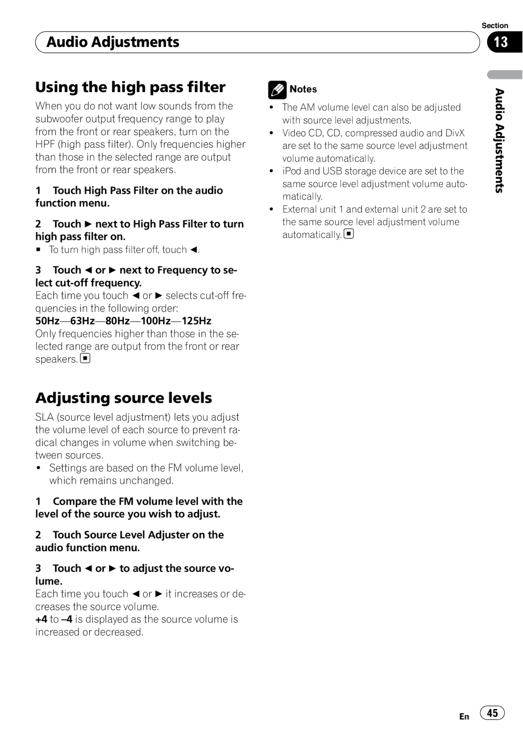Pioneer AVH-P3100DVD operation manual Audio Adjustments Using the high pass filter, Adjusting source levels 
