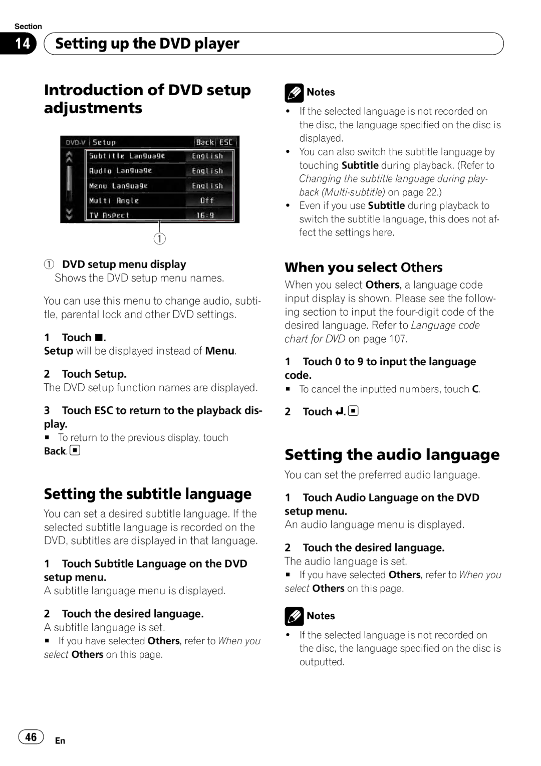 Pioneer AVH-P3100DVD operation manual Setting the audio language, Setting the subtitle language, When you select Others 