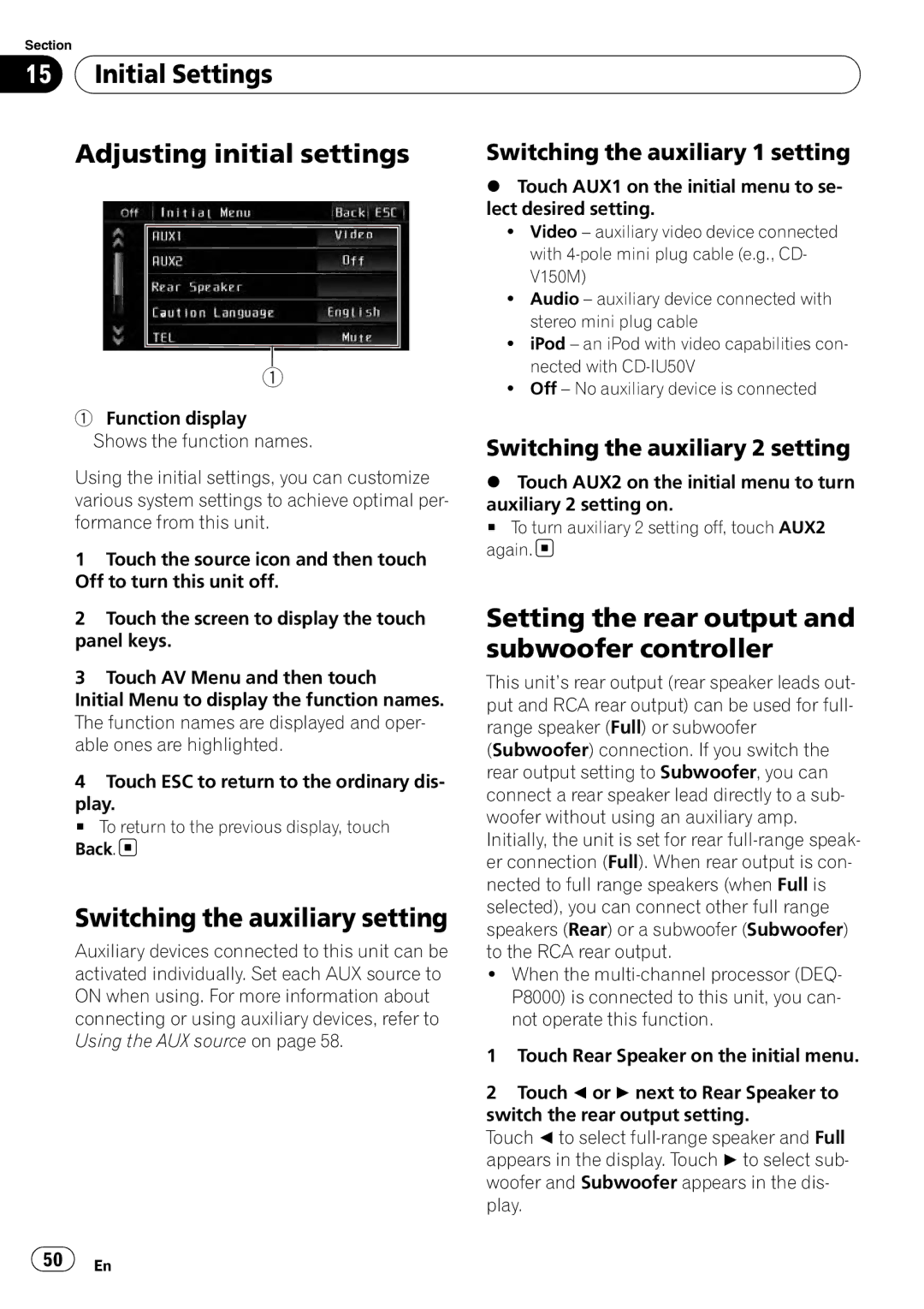 Pioneer AVH-P3100DVD operation manual Initial Settings Adjusting initial settings, Switching the auxiliary setting 