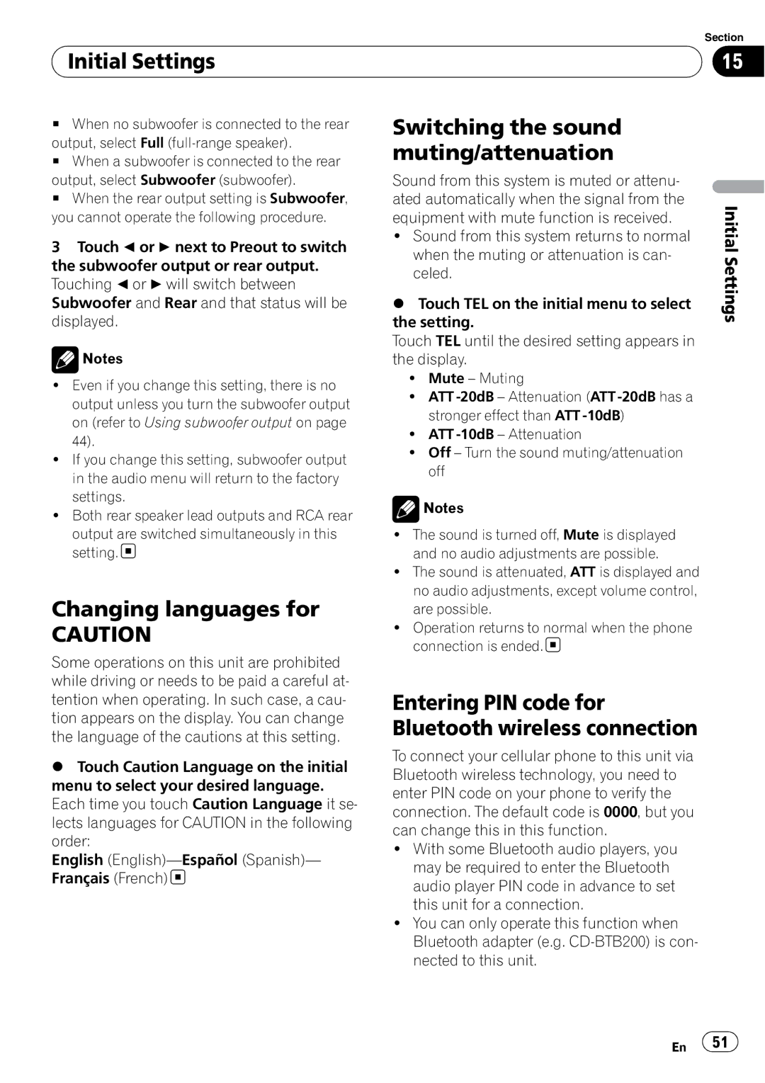 Pioneer AVH-P3100DVD operation manual Initial Settings, Changing languages for, Switching the sound muting/attenuation 