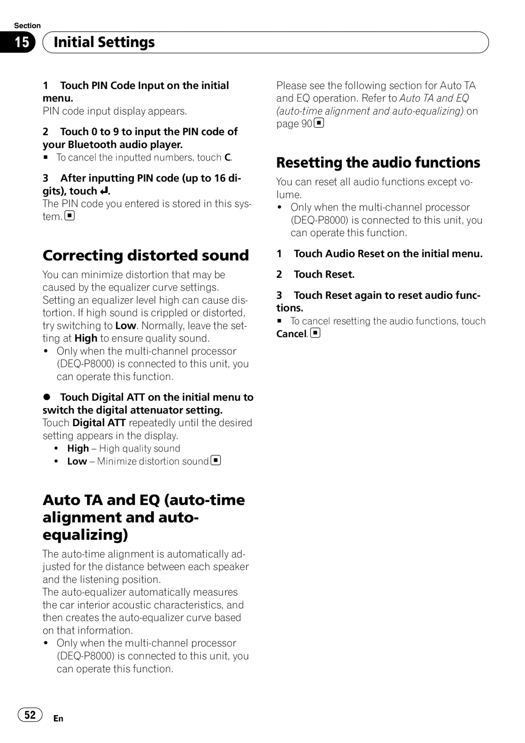 Pioneer AVH-P3100DVD operation manual Correcting distorted sound, Auto TA and EQ auto-time alignment and auto- equalizing 