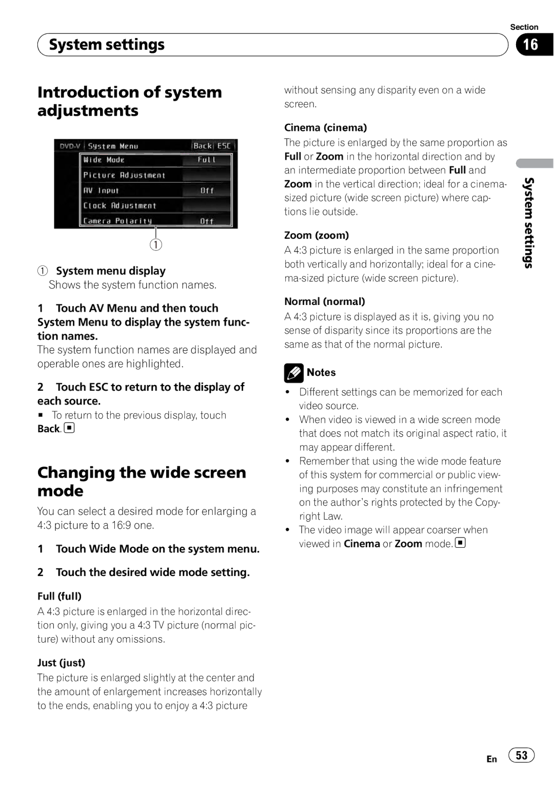 Pioneer AVH-P3100DVD operation manual System settings Introduction of system adjustments, Changing the wide screen mode 