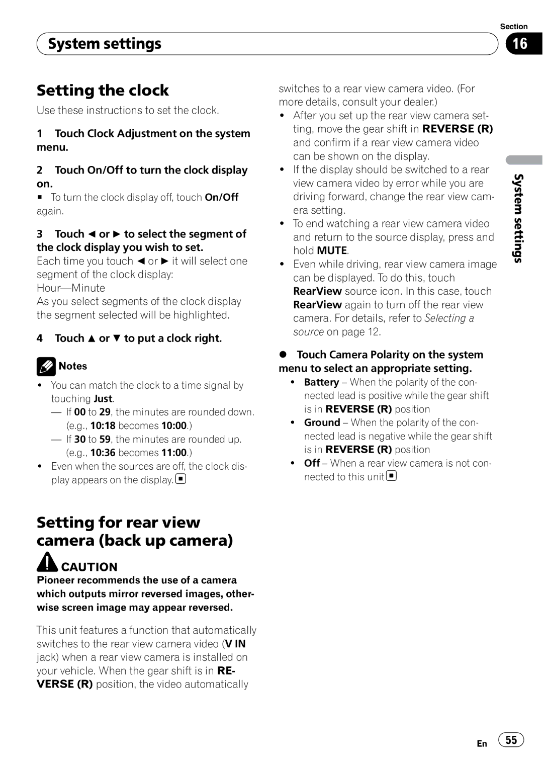 Pioneer AVH-P3100DVD operation manual System settings Setting the clock, Setting for rear view camera back up camera 