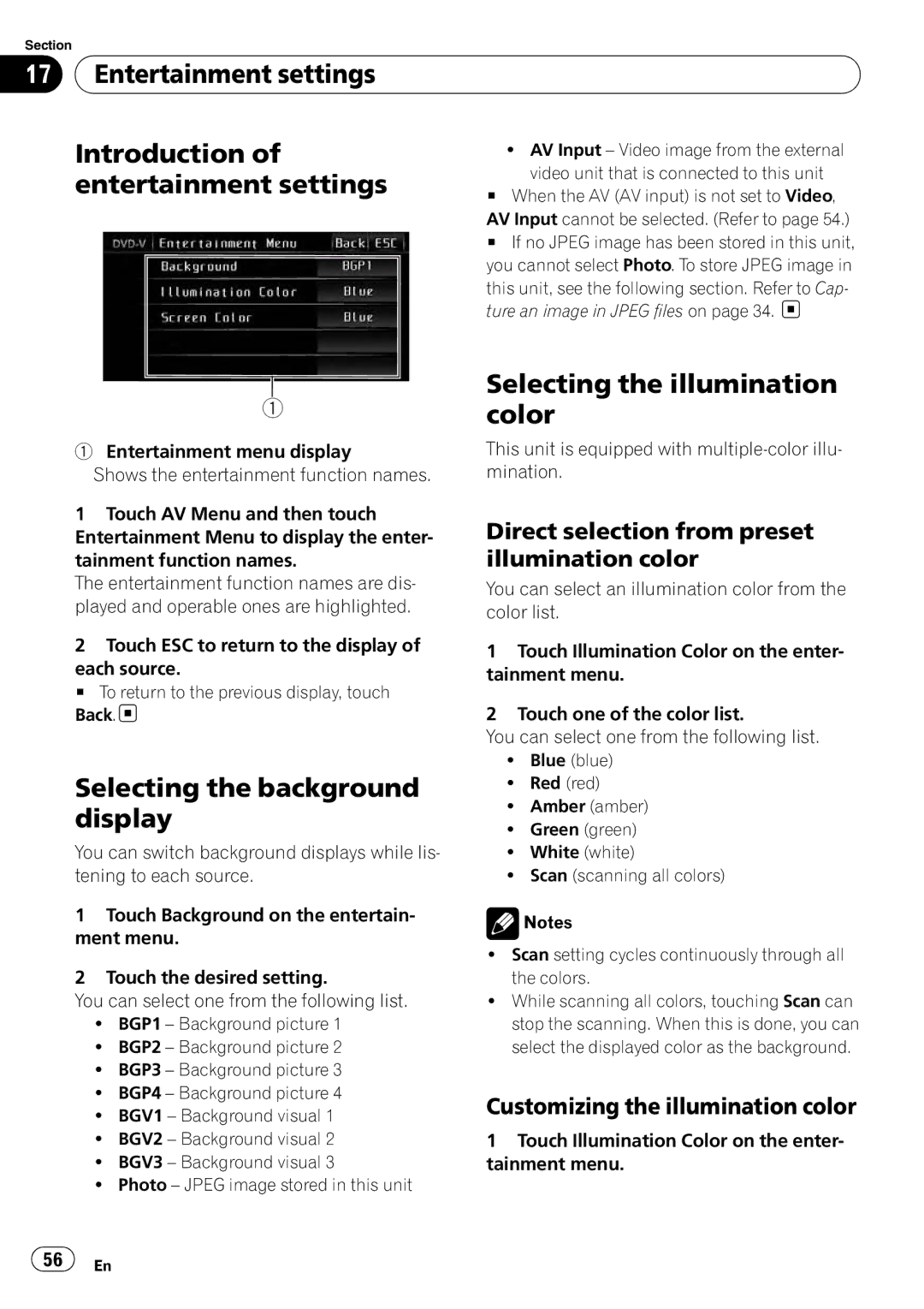 Pioneer AVH-P3100DVD operation manual Entertainment settings Introduction, Selecting the illumination, Color 