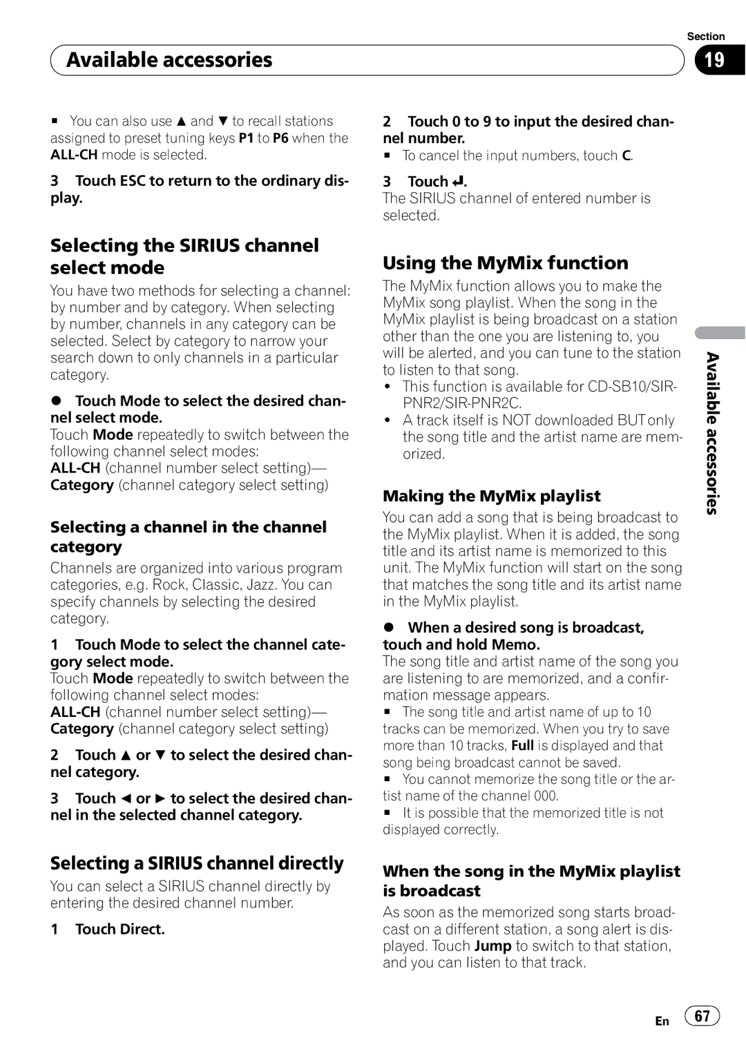 Pioneer AVH-P3100DVD operation manual Selecting the Sirius channel select mode, Selecting a Sirius channel directly 