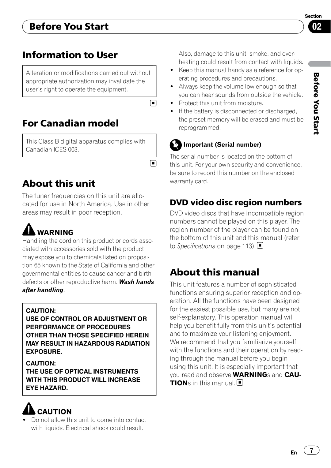 Pioneer AVH-P3100DVD Before You Start Information to User, For Canadian model, About this unit, About this manual 