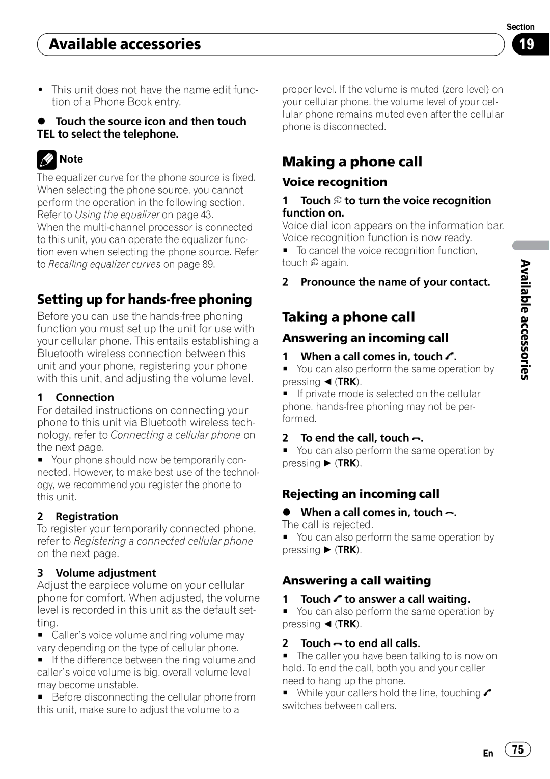 Pioneer AVH-P3100DVD operation manual Setting up for hands-free phoning, Making a phone call, Taking a phone call 