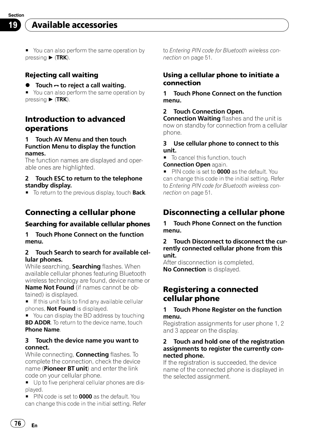 Pioneer AVH-P3100DVD Connecting a cellular phone, Disconnecting a cellular phone, Registering a connected cellular phone 