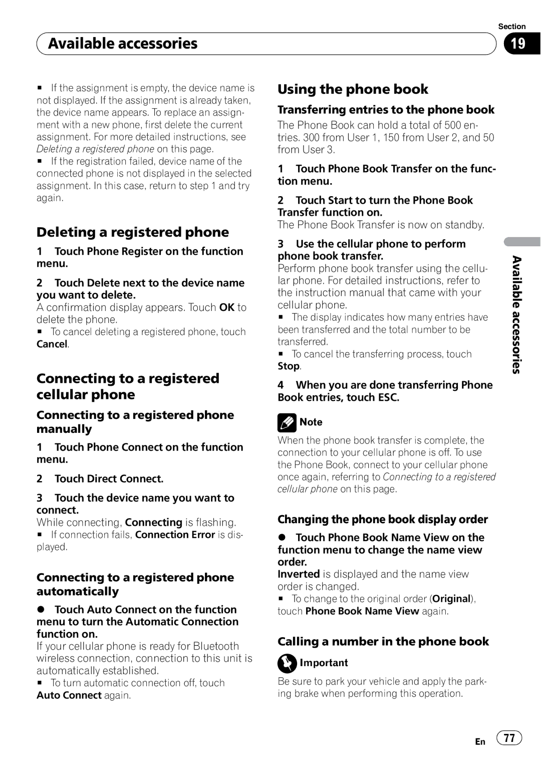 Pioneer AVH-P3100DVD Deleting a registered phone, Connecting to a registered cellular phone, Using the phone book 