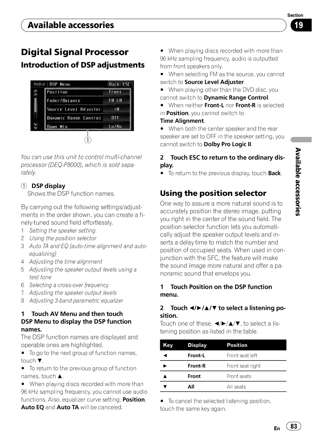 Pioneer AVH-P3100DVD operation manual Available accessories Digital Signal Processor, Introduction of DSP adjustments 