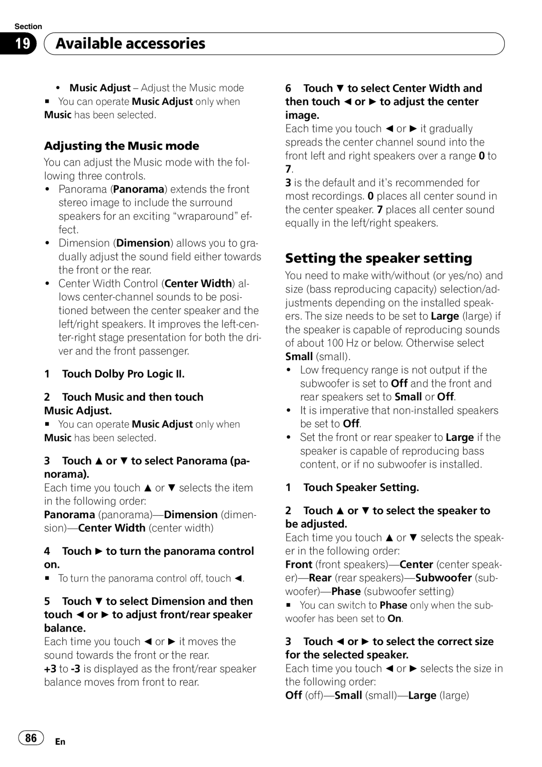 Pioneer AVH-P3100DVD operation manual Setting the speaker setting, Adjusting the Music mode 