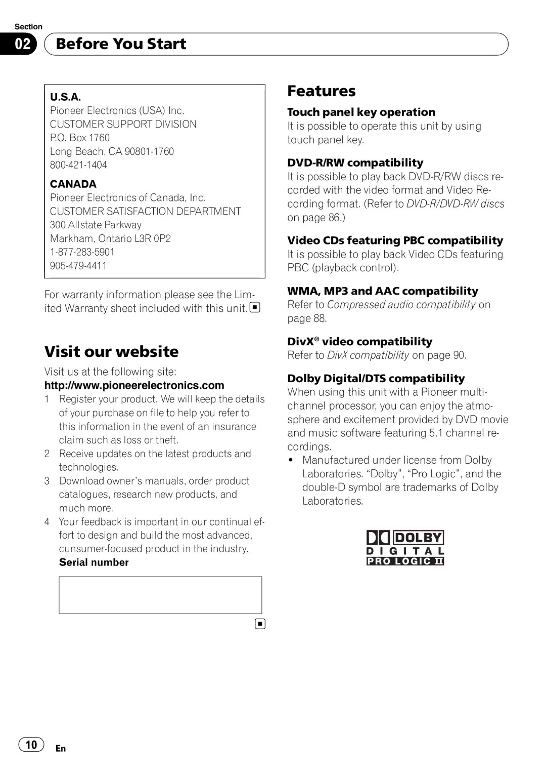 Pioneer AVH-P4000DVD operation manual Before You Start Features, Visit our website, Customer Support Division, Canada 