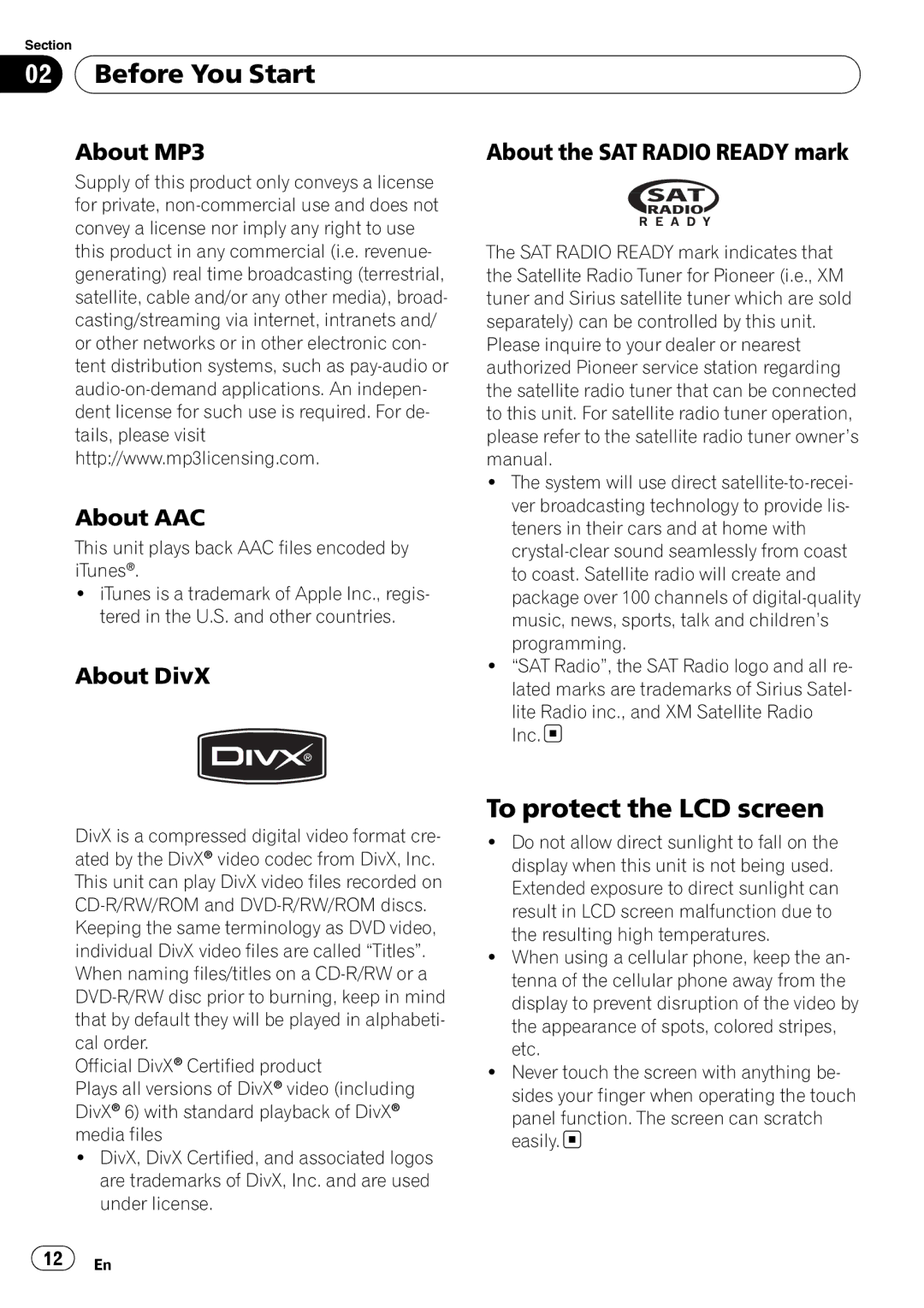 Pioneer AVH-P4000DVD operation manual To protect the LCD screen, About MP3, About AAC, About DivX 