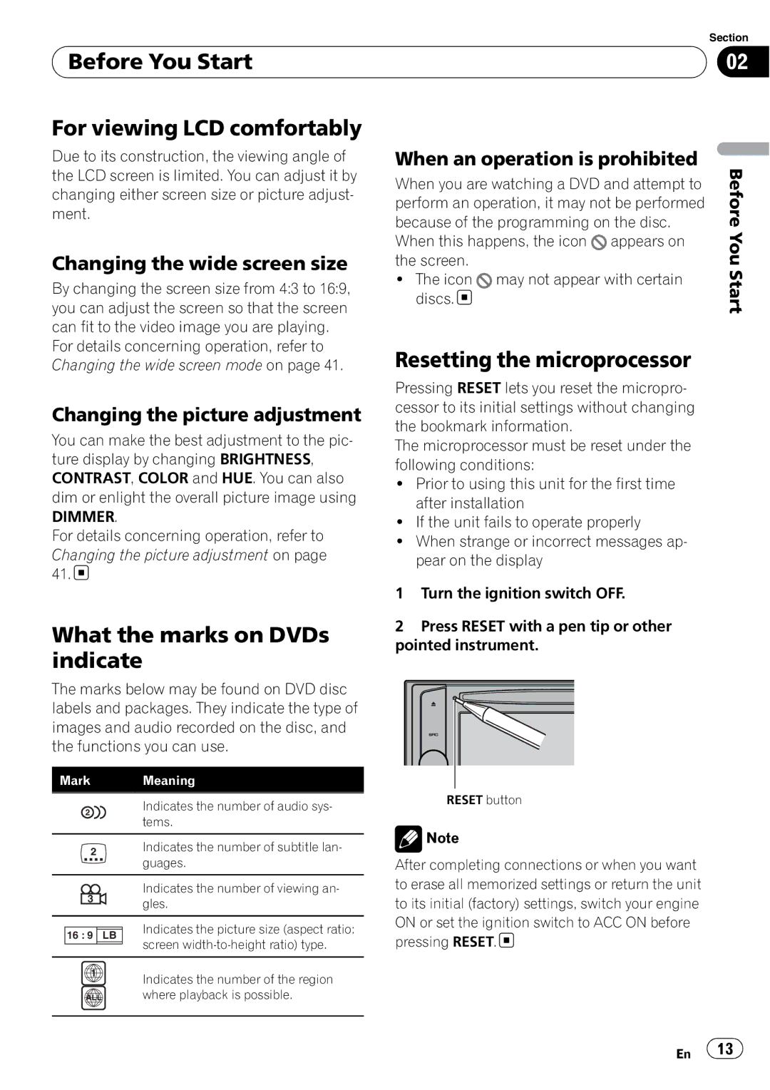 Pioneer AVH-P4000DVD operation manual Before You Start For viewing LCD comfortably, What the marks on DVDs indicate 