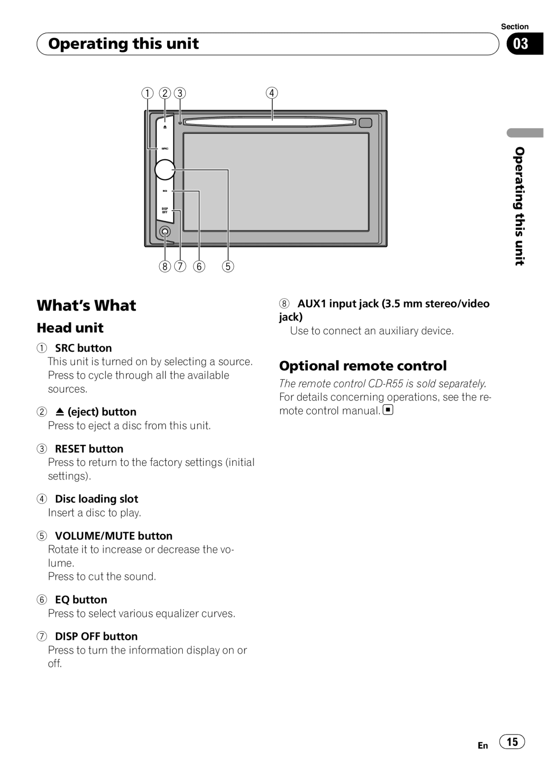 Pioneer AVH-P4000DVD operation manual Operating this unit What’s What, Head unit, Optional remote control 