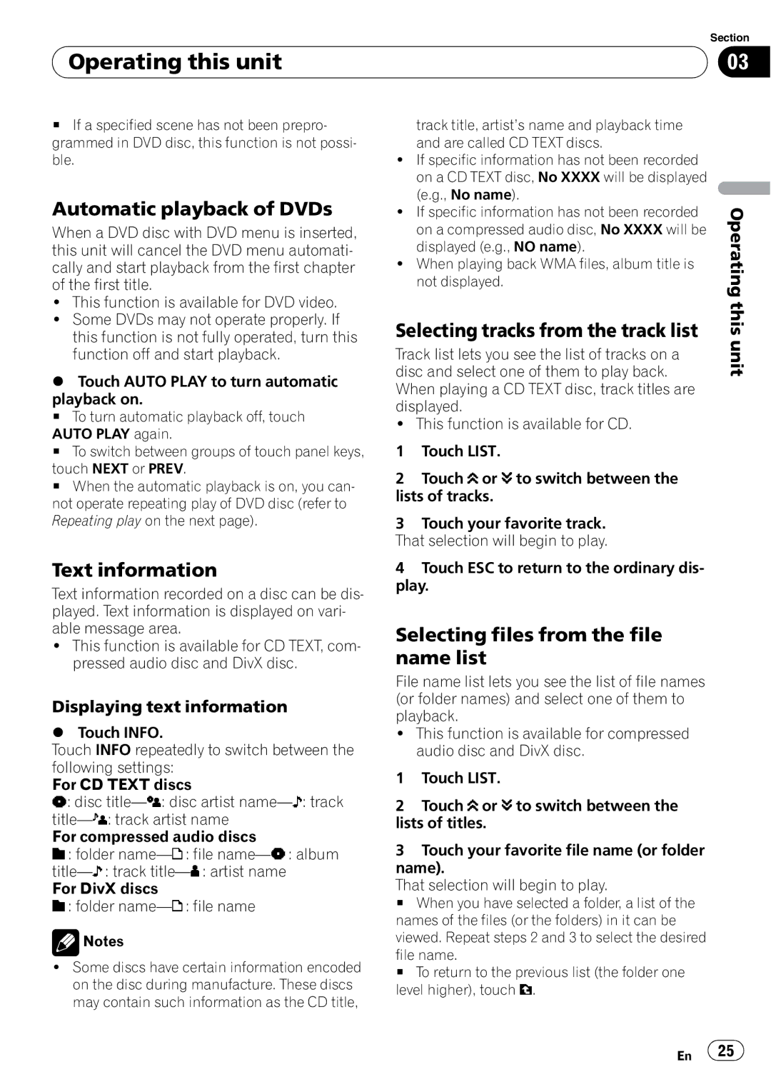 Pioneer AVH-P4000DVD operation manual Automatic playback of DVDs, Selecting tracks from the track list, Text information 