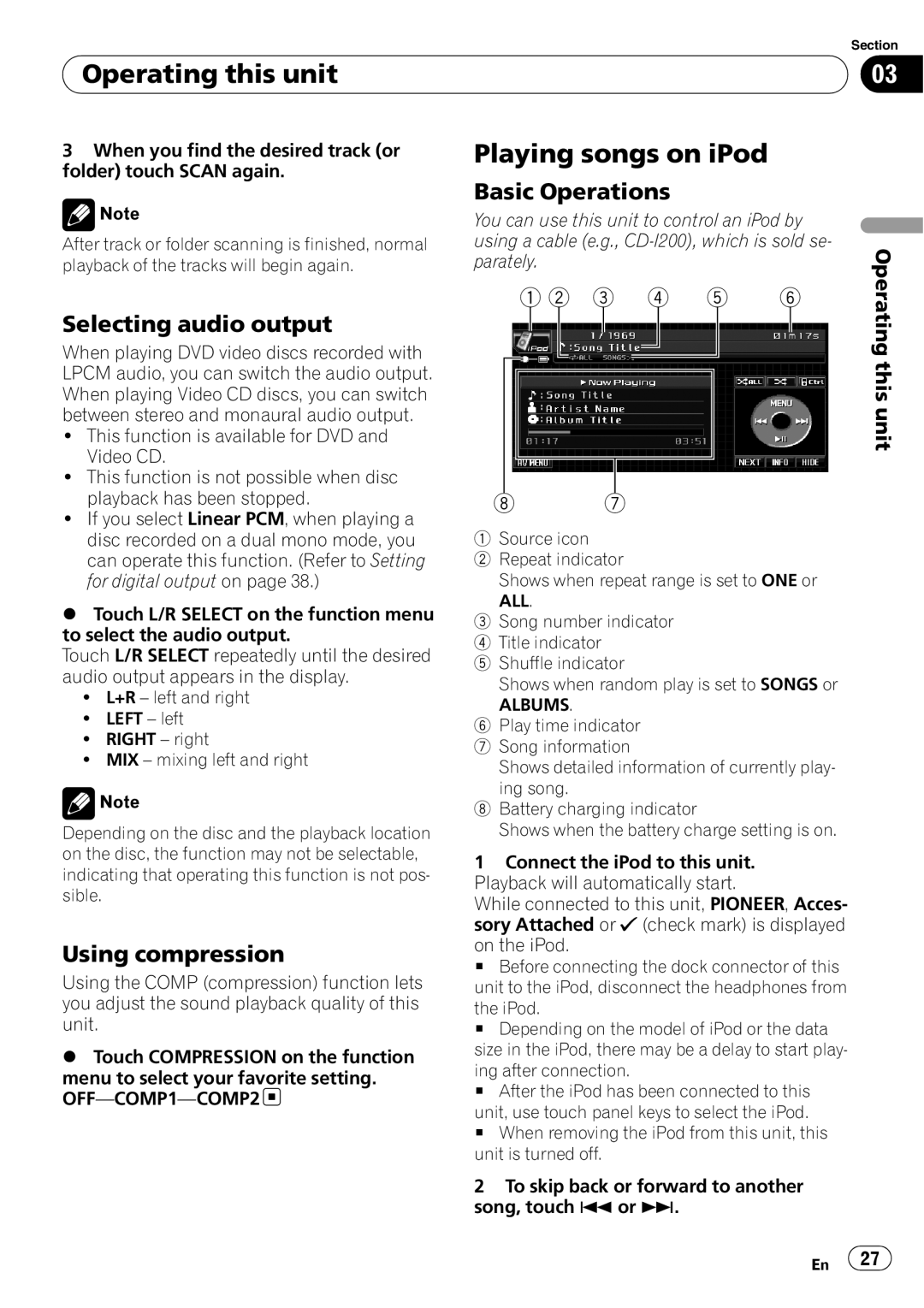 Pioneer AVH-P4000DVD operation manual Playing songs on iPod, Selecting audio output, Using compression, Albums 