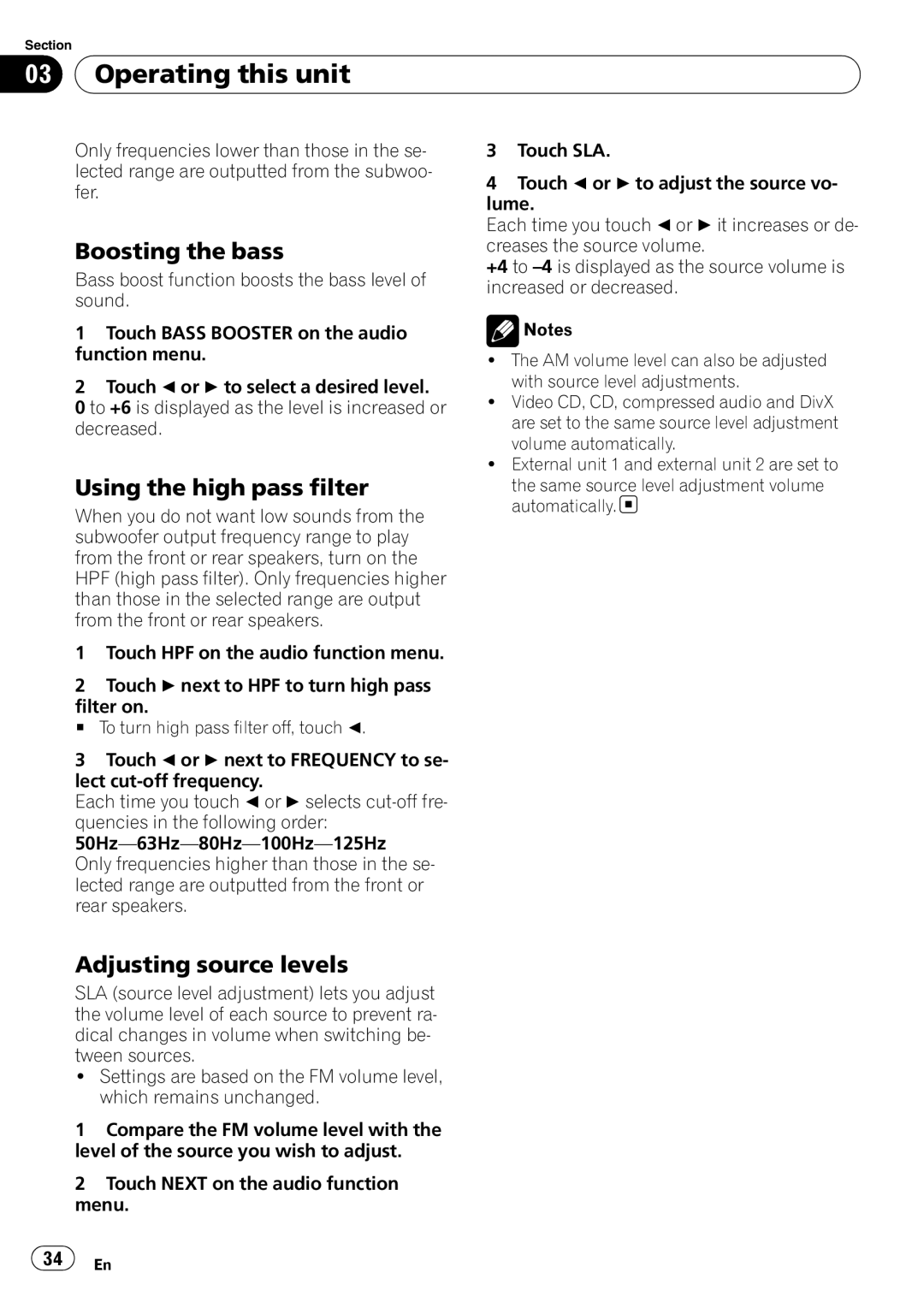 Pioneer AVH-P4000DVD operation manual Boosting the bass, Using the high pass filter, Adjusting source levels 