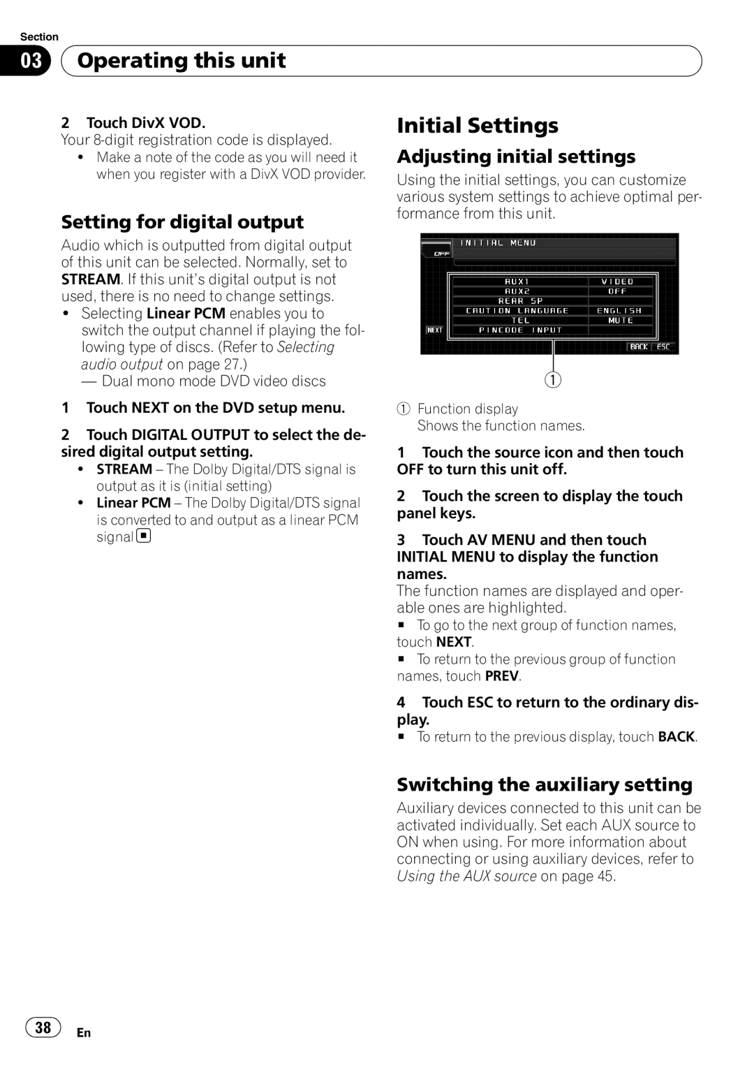 Pioneer AVH-P4000DVD operation manual Initial Settings, Adjusting initial settings, Setting for digital output 