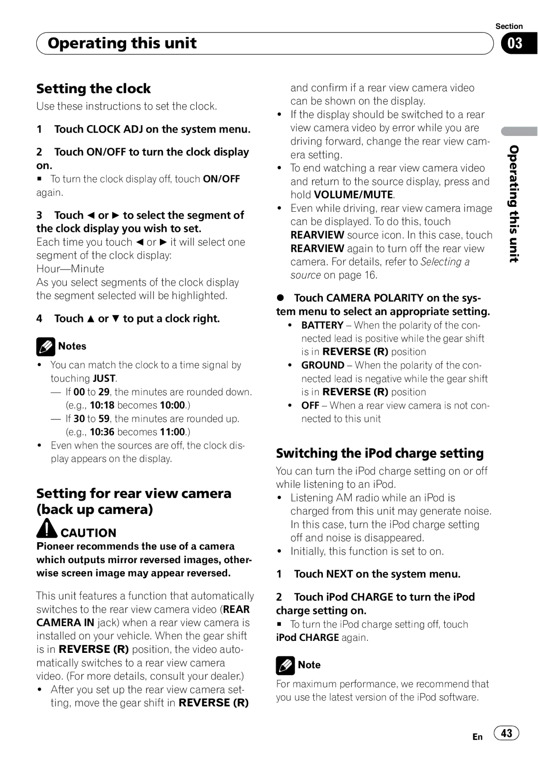 Pioneer AVH-P4000DVD Setting the clock, Setting for rear view camera back up camera, Switching the iPod charge setting 
