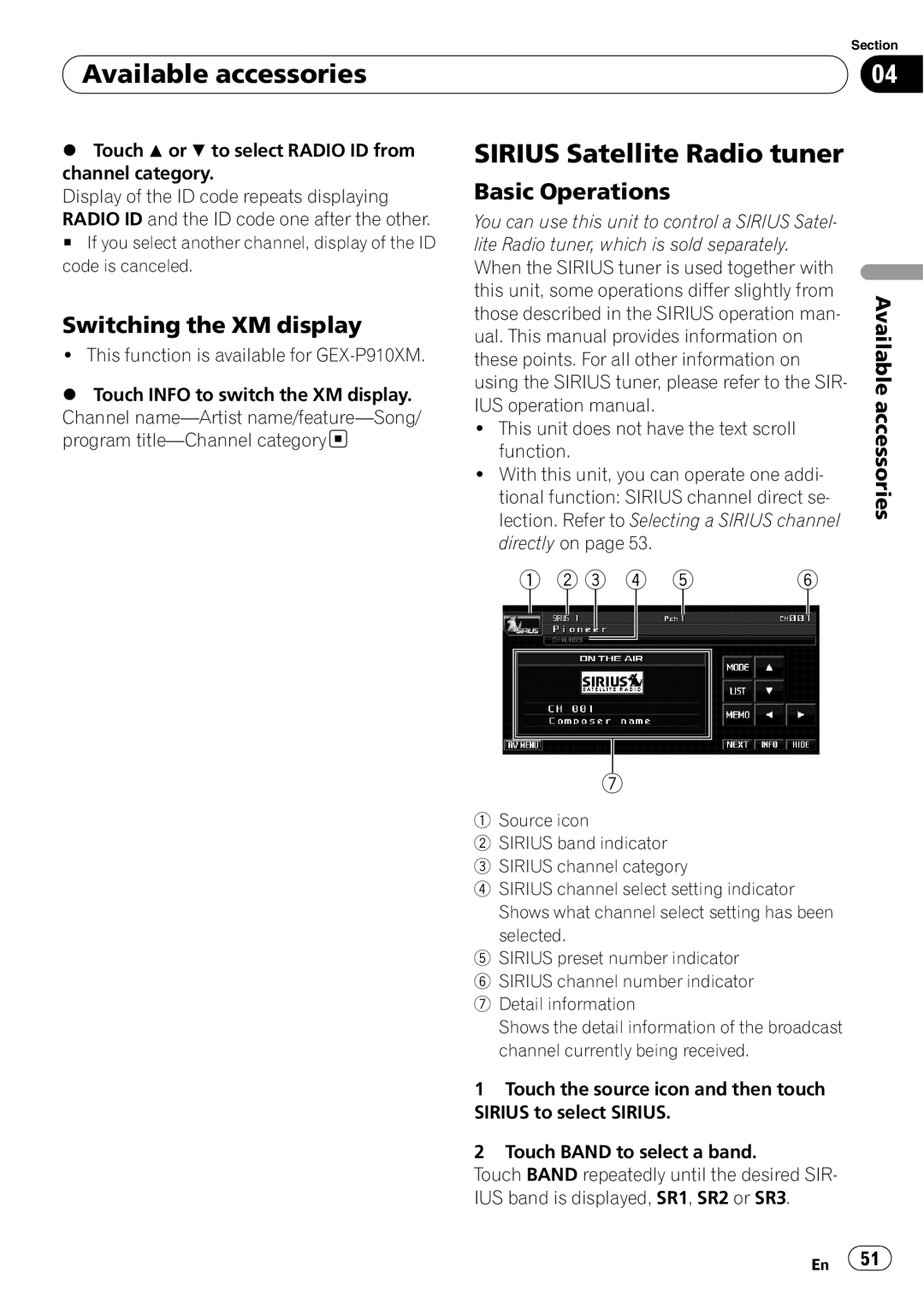 Pioneer AVH-P4000DVD operation manual Sirius Satellite Radio tuner, Switching the XM display 