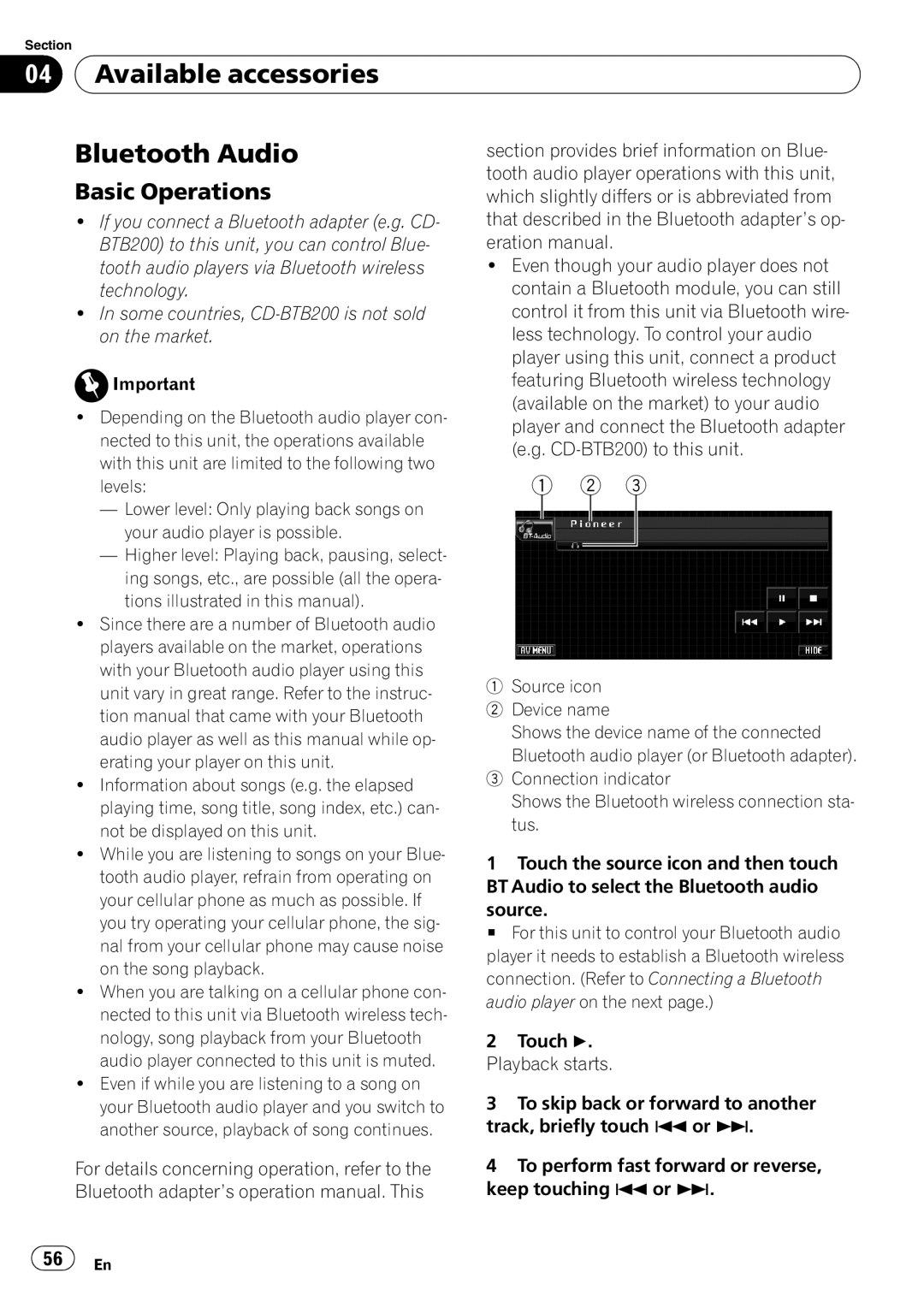 Pioneer AVH-P4000DVD operation manual Available accessories Bluetooth Audio 