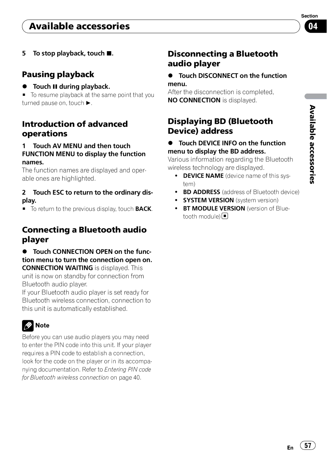 Pioneer AVH-P4000DVD Disconnecting a Bluetooth, Audio player, Pausing playback, Displaying BD Bluetooth Device address 