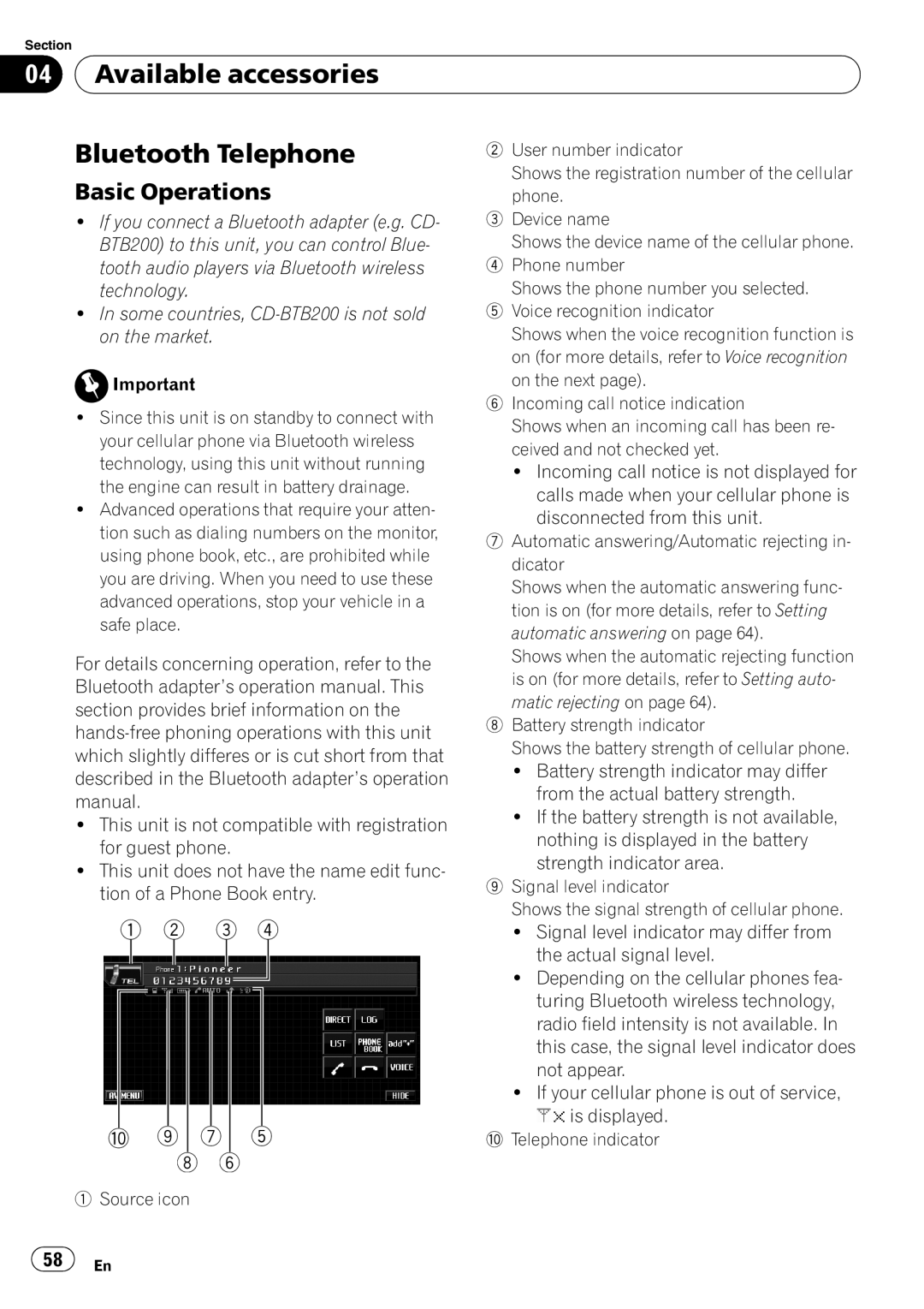 Pioneer AVH-P4000DVD operation manual Available accessories Bluetooth Telephone 