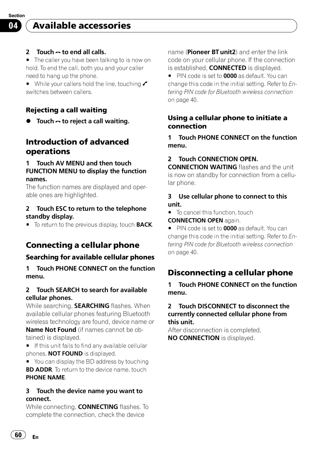 Pioneer AVH-P4000DVD operation manual Connecting a cellular phone, Disconnecting a cellular phone, Rejecting a call waiting 