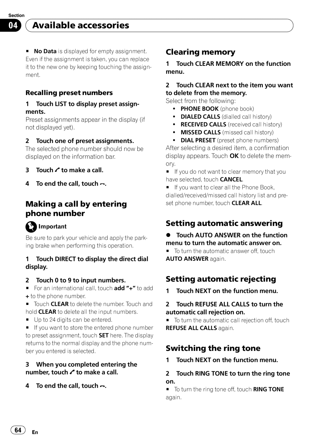 Pioneer AVH-P4000DVD operation manual Making a call by entering phone number Clearing memory, Setting automatic answering 